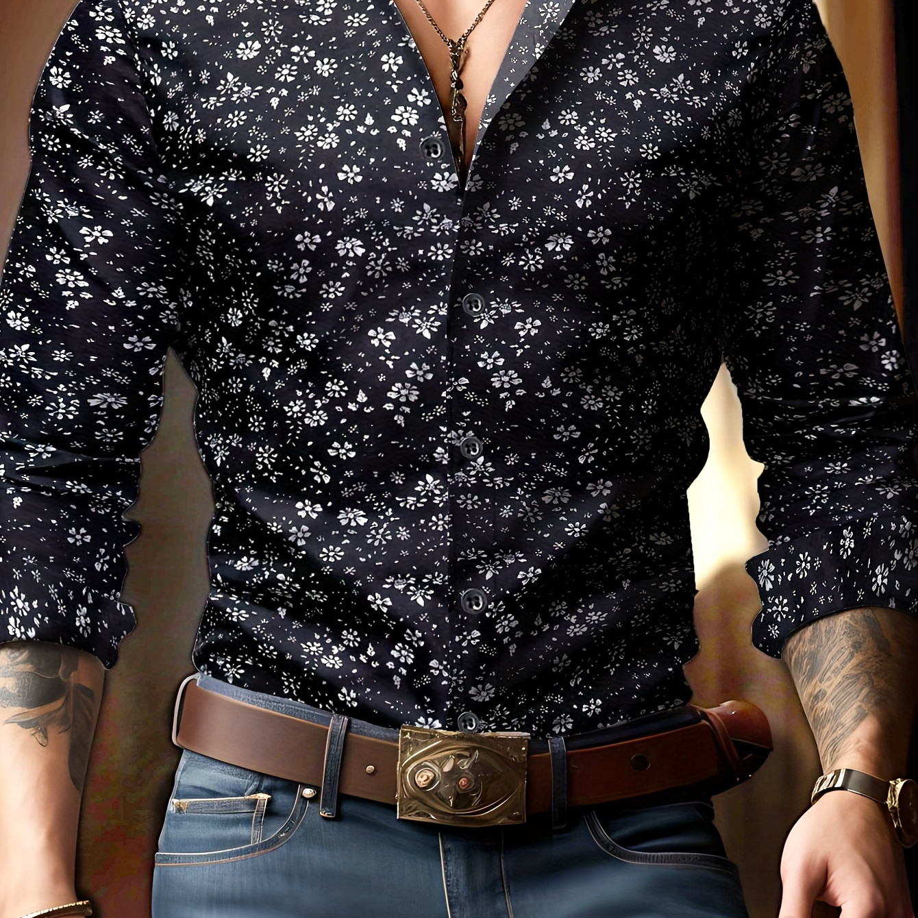 

Men's Floral Pattern Print Lapel Collar Design Dress Shirts, Long Sleeve Casual Button Up Shirt For Formal