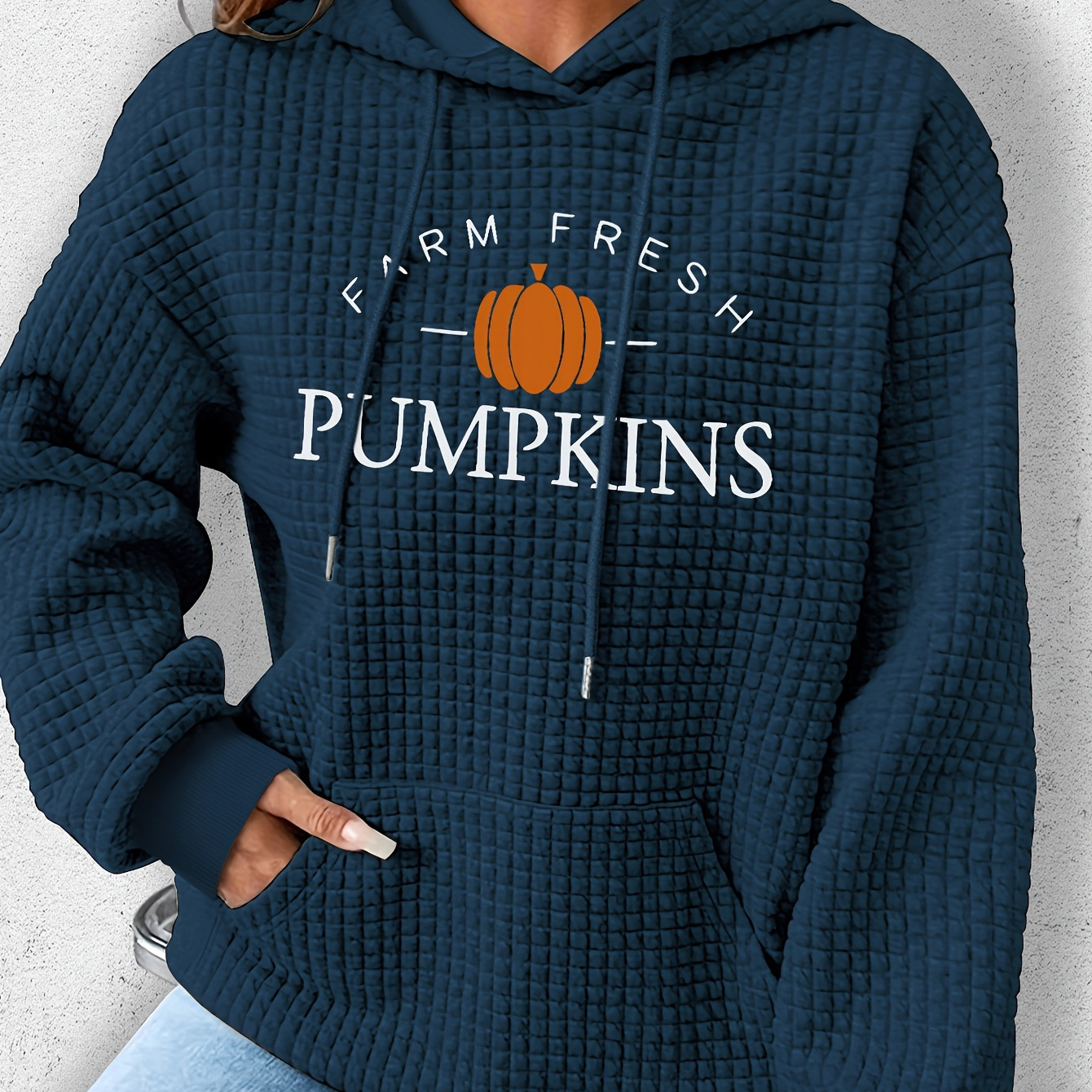 

Women's Cozy Waffle-knit Hoodie With & Letter Print - Casual Drawstring Pullover, Machine Washable, Polyester/spandex Blend