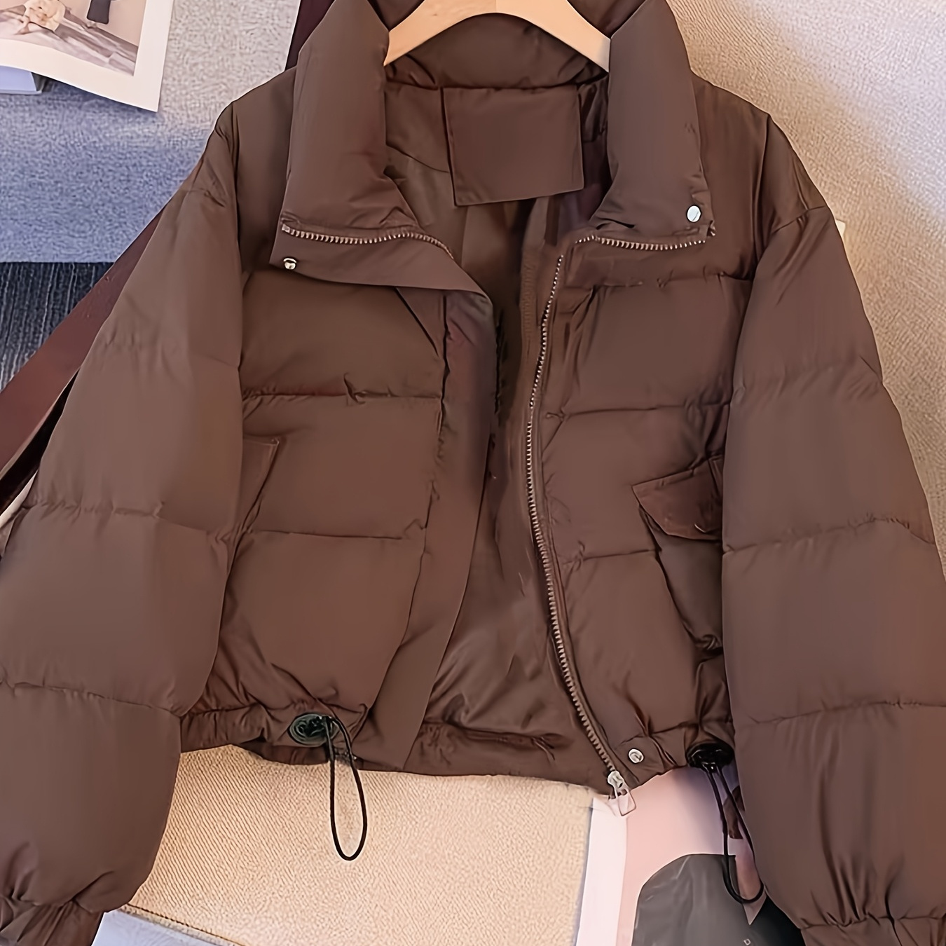 

Cozy Solid Color Drawstring Puffer Jacket For Women - Casual, Coat With Long Sleeves