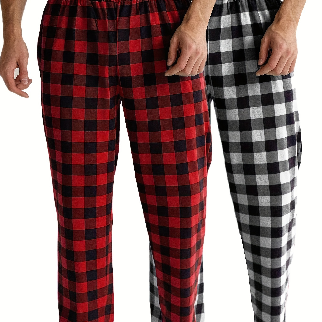 

2 Pcs Men's Elastic Waist Brushed Plaid Pajamas, Fashion Style