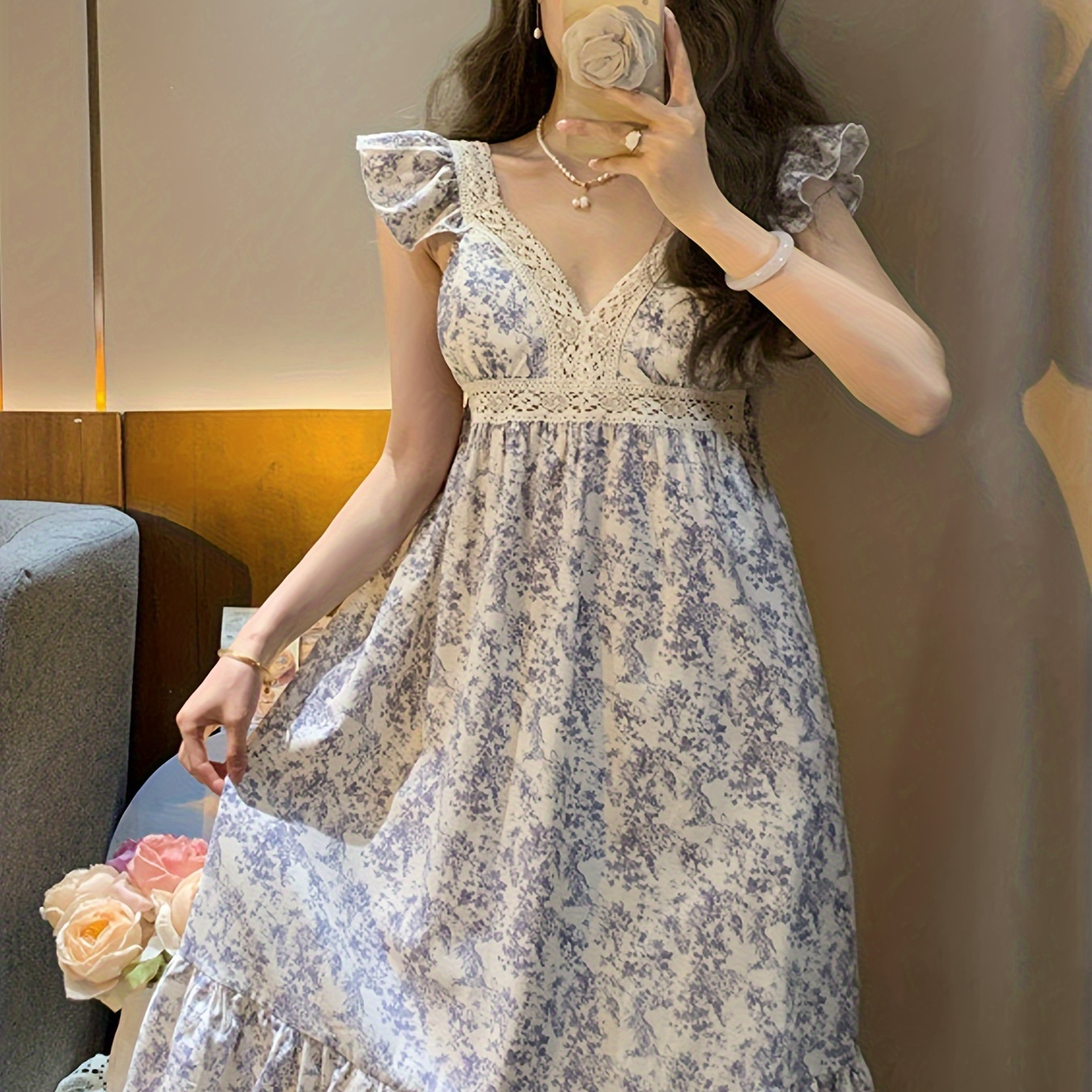 

Floral Print Lace Trim Nightgown, Elegant Ruffle Sleeve V Neck Ruffle Hem Sleep Dress, Women's Sleepwear