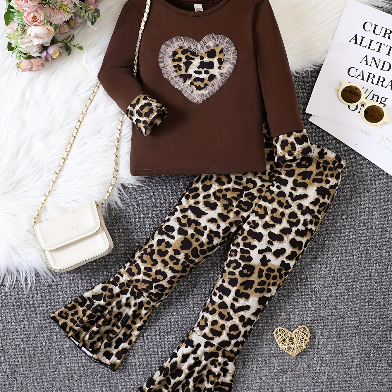 

Toddler Girls 2pcs Comfy Sets Leopard Print Heart Top & Stretchy Flare Pants Fall Winter Kids Clothes Gift