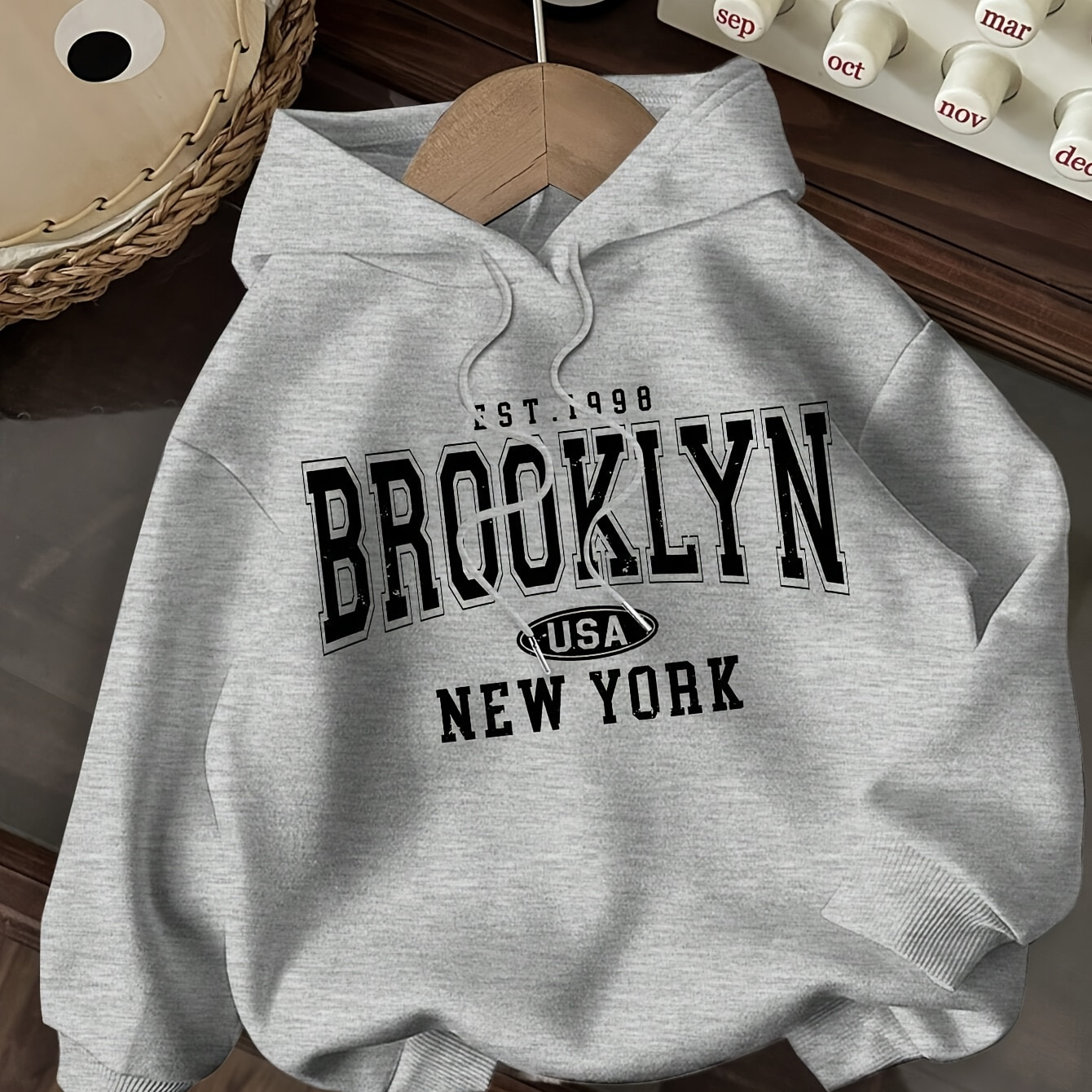 [Cozy Pullover] Winter Sports Hoodie - 100% Polyester, Brooklyn New York Letter Print, Cozy Pullover Sweatshirt for Women