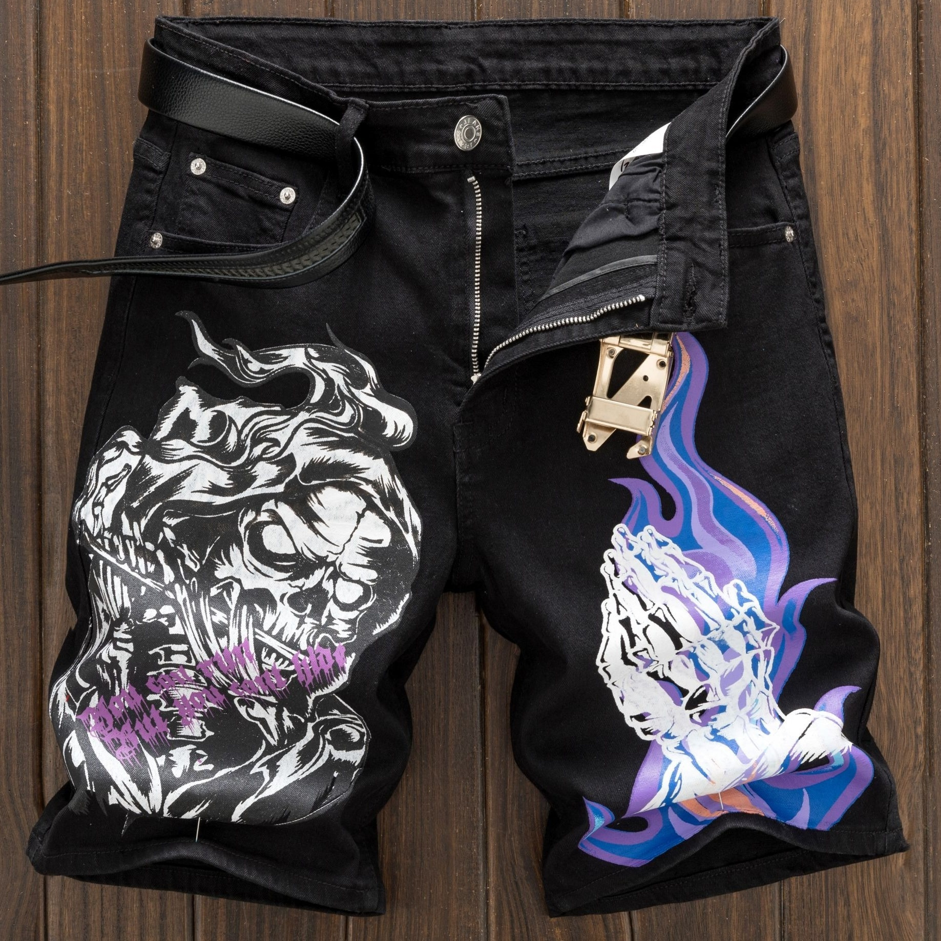 

Men's Novelty Skull Graphic Print Denim Shorts For Summer, Fashion Street Style Jorts For Males