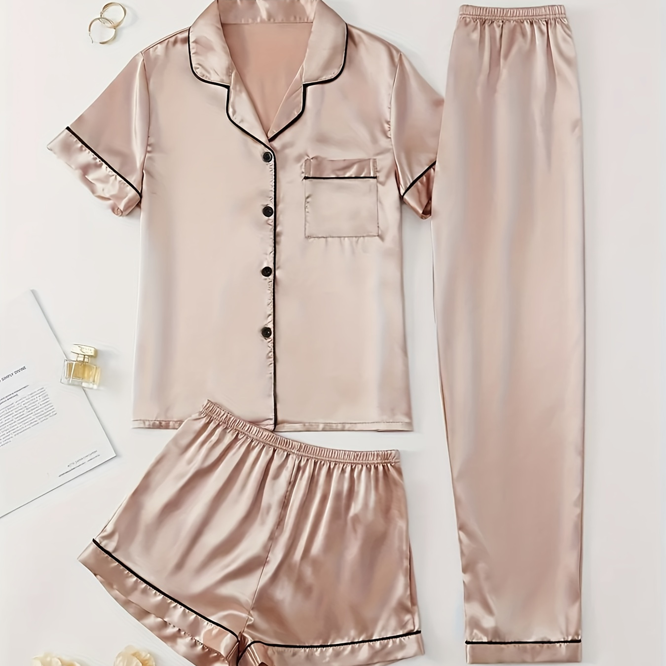 

Women's Solid Satin Casual Pajama Set, Short Sleeve Buttons Lapel Top & Shorts & Pants, Comfortable Relaxed Fit