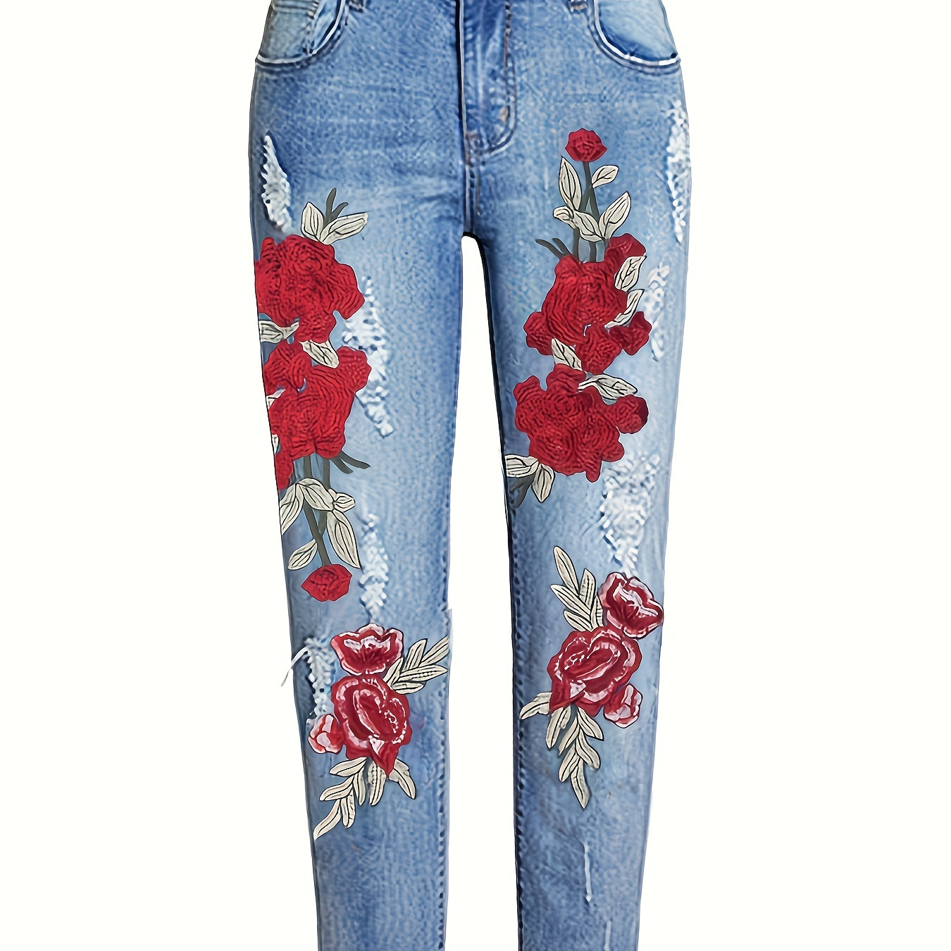 

Women's Elegant Jeans, Plus Size Floral Print Ripped Roll Hem High Stretch Distressed Denim Pants