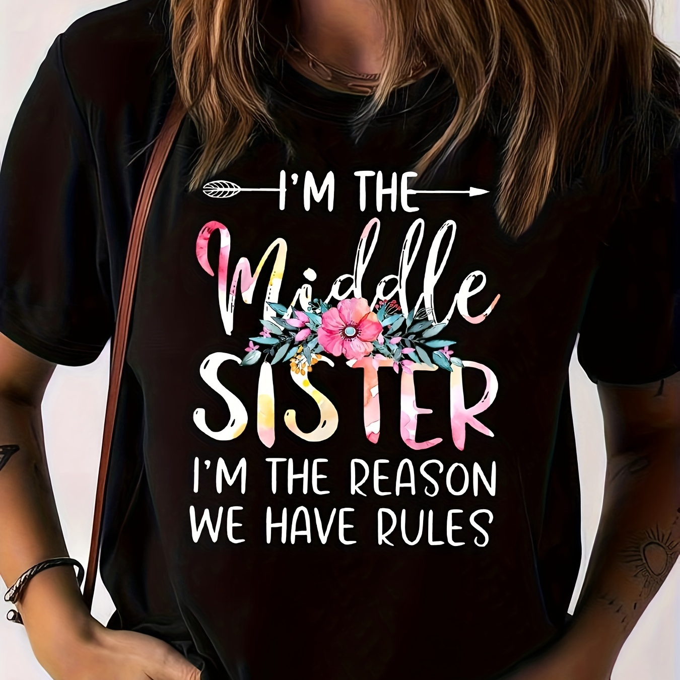 

Floral & Letter Print T-shirt, Short Sleeve Crew Neck Casual Top For Summer & Spring, Women's Clothing