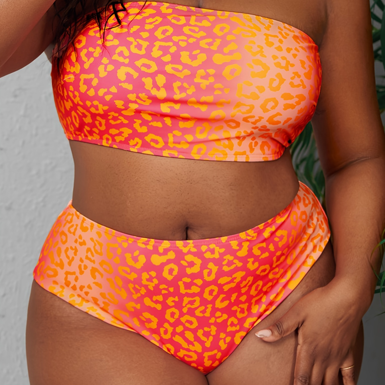 

Women's Plus Size Leopard Print Bikini Set, High-waisted Two-piece Swimwear, Stretchable Fabric, Summer Beachwear