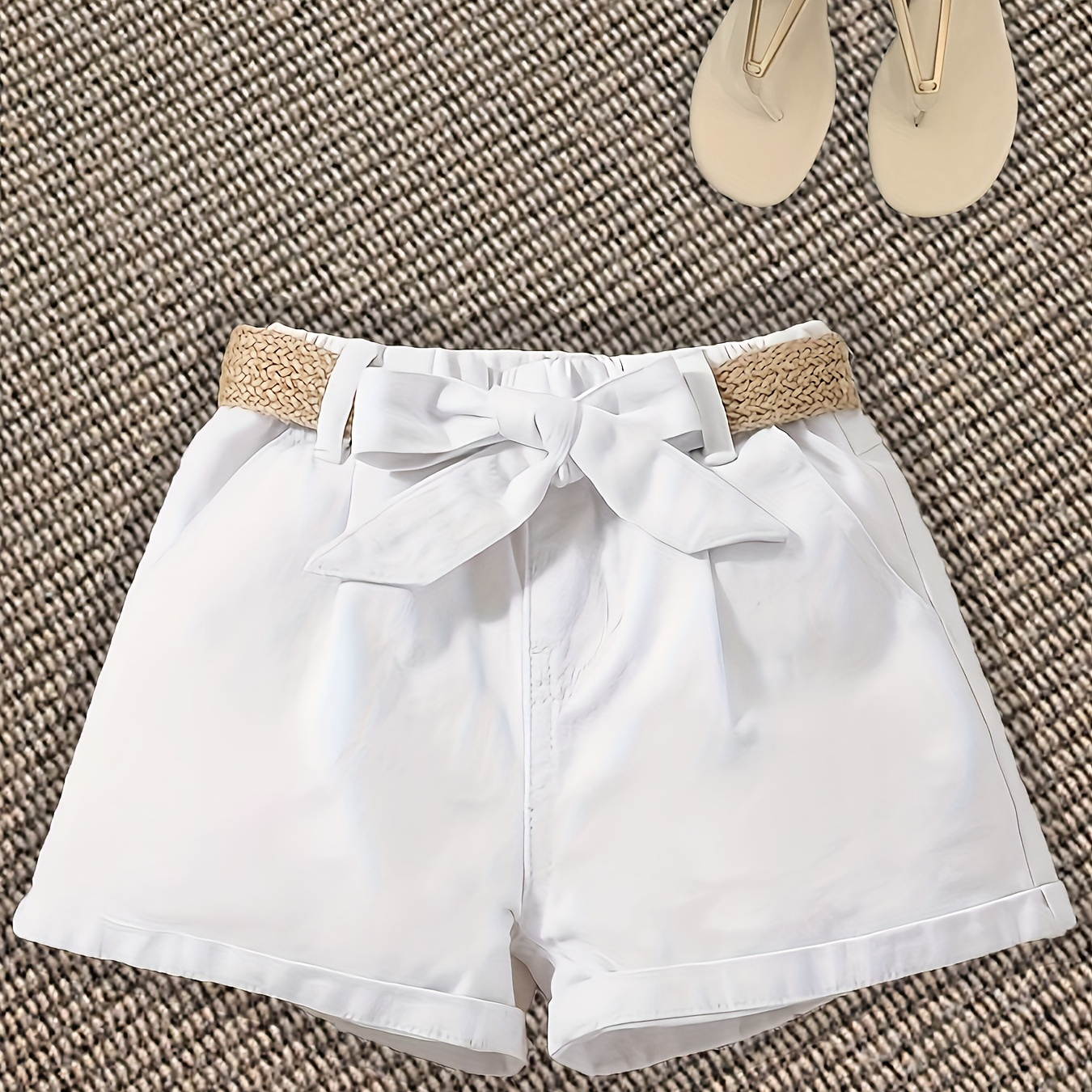 

Women's Casual Plain White Cuffed Hem Shorts With Hemp Belt, Fashionable Summer Pants, Breathable Fabric