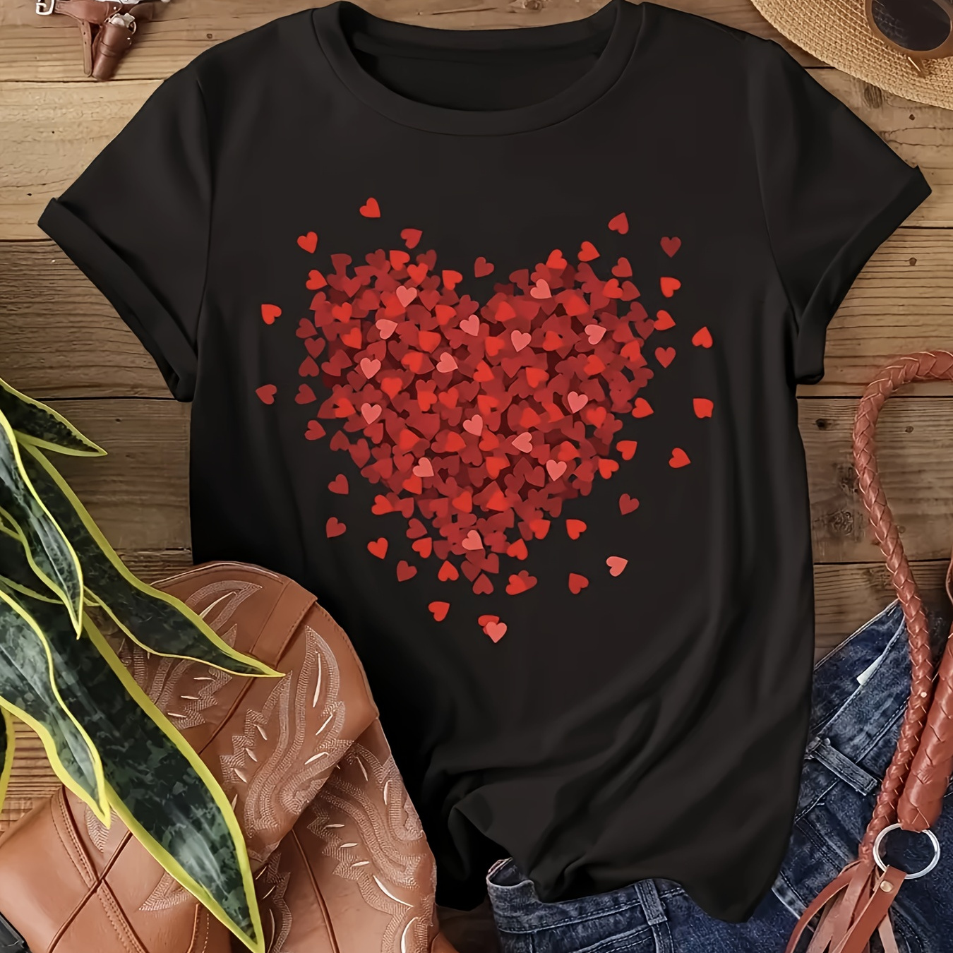 

Heart Print T-shirt, Short Sleeve Crew Neck T-shirt For , Women's Clothing