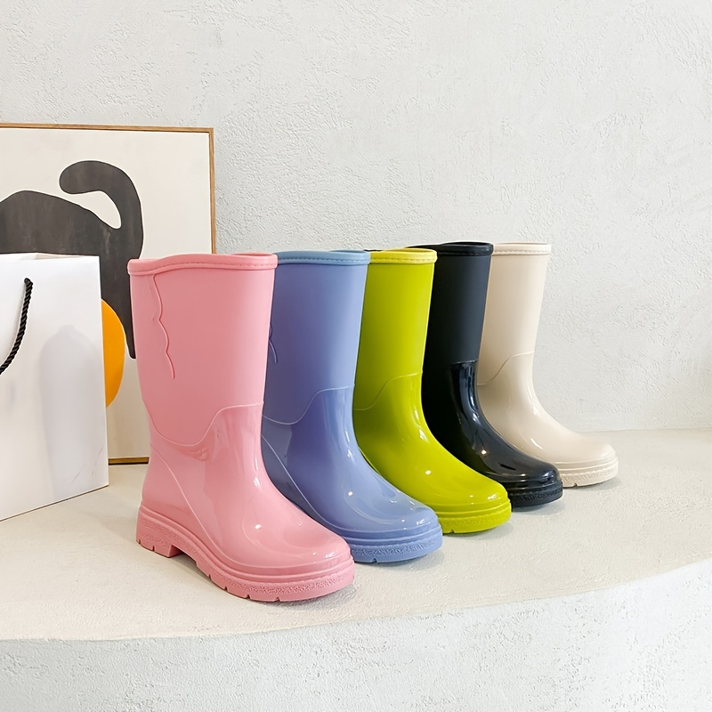 Women's Low Block Heel Mid Calf Rain Boots, Waterproof Non-slip Solid Color Slip On Shoes, Casual Outdoor Working Shoes