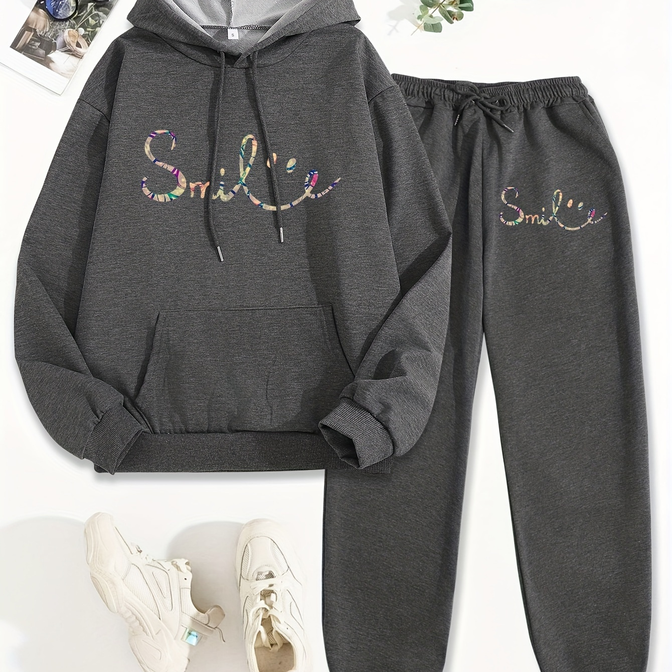 

Women's Casual Letter Print Hoodie & Pants Set - Long Sleeve, Polyester , Machine Washable With Pockets - Fall/winter