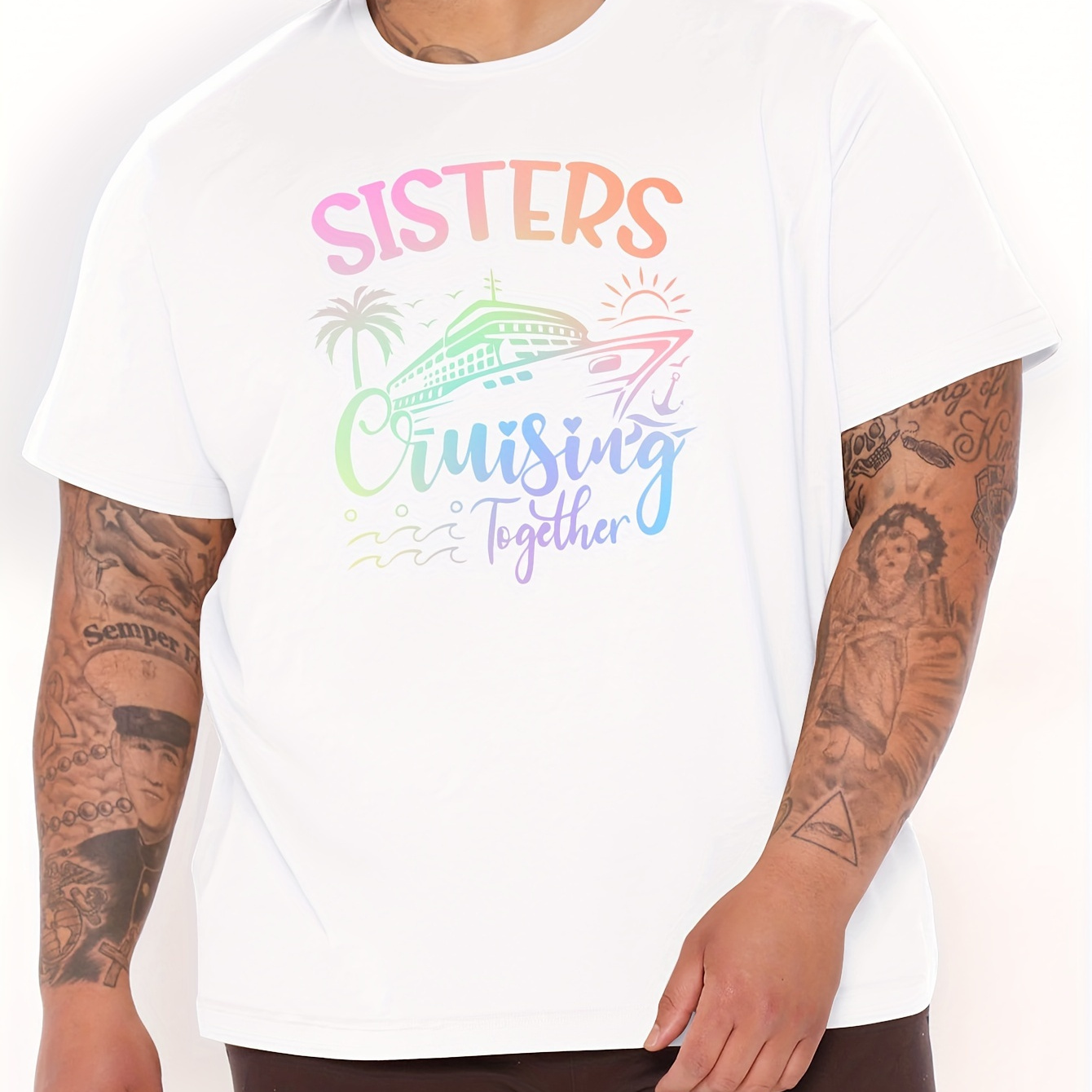 

Letters Sister Cruising Together Print, Plus Size Men's Casual Short Sleeves T-shirt, American Fashion Street Style Comfortable Soft Crew Neck Tops For Big & Tall Guy In Summer Daily Wear