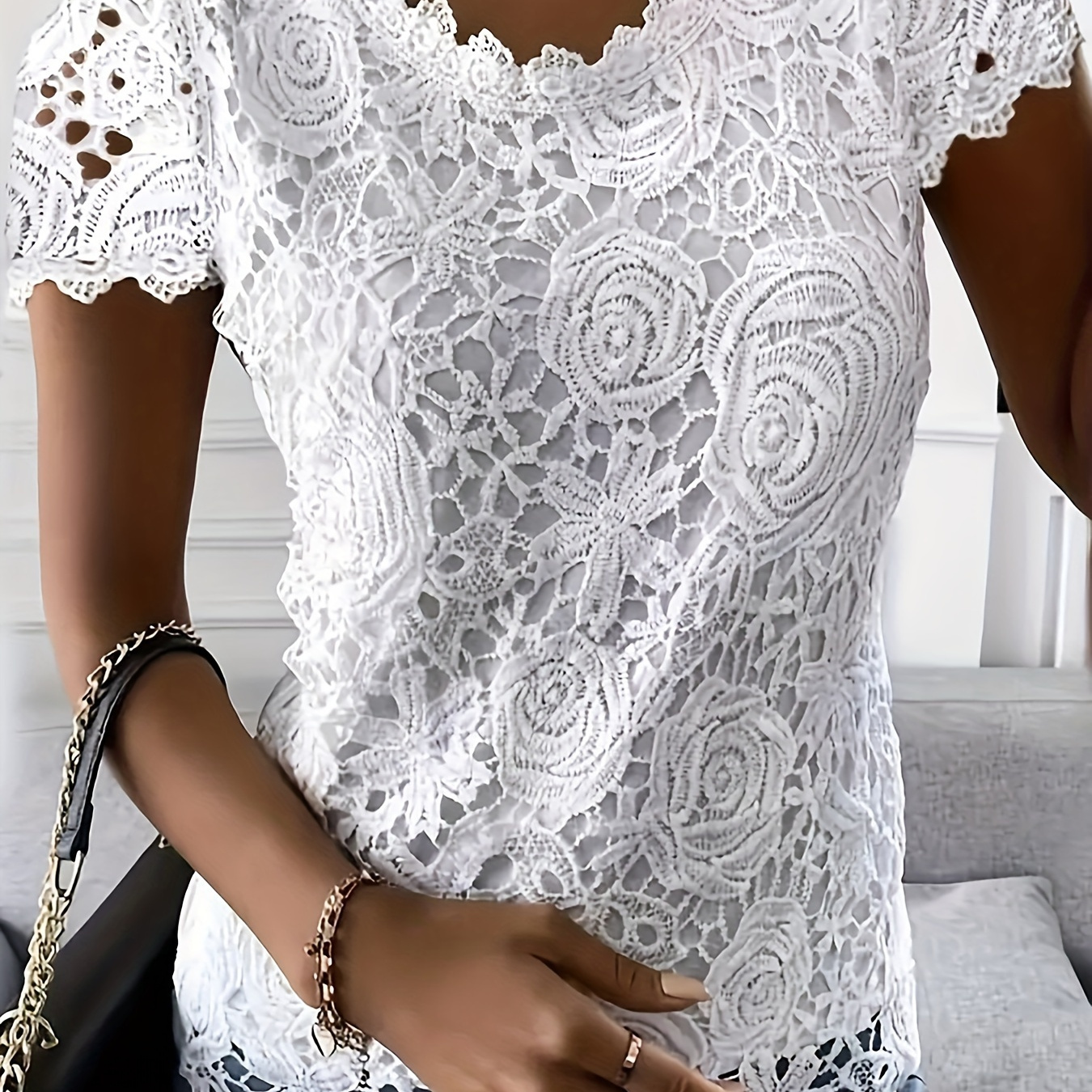 

Floral Lace Crew Neck Slim Top, Elegant Short Sleeve Top For Spring & Summer, Women's Clothing