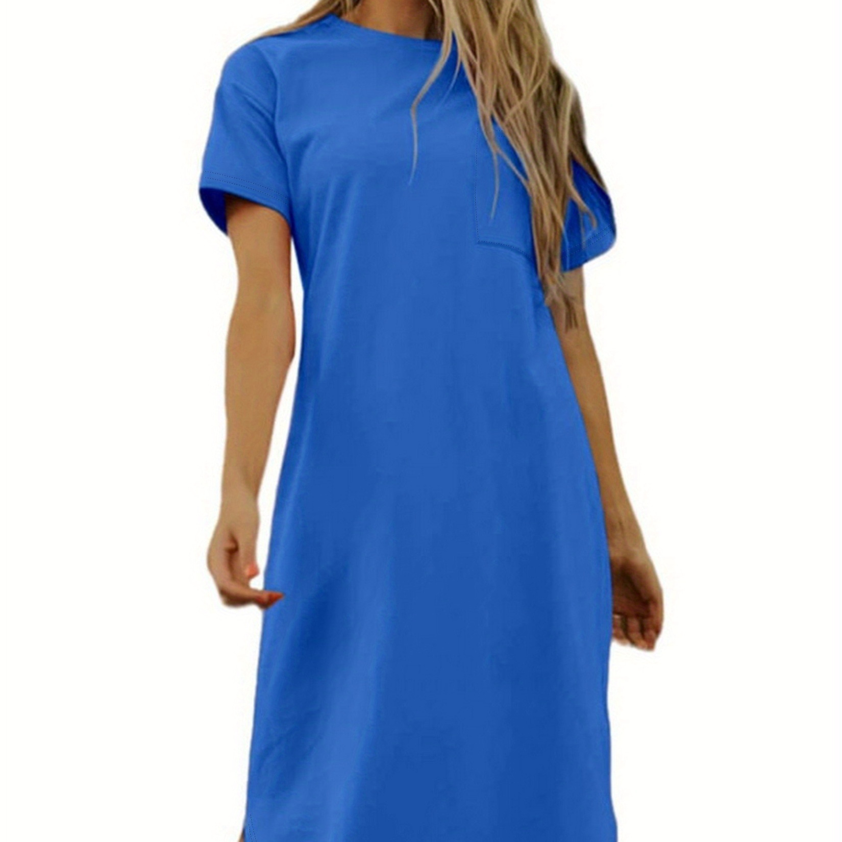 

Crew Neck Mid Length Dress, Short Sleeve Solid Summer Pockets Dresses, Women's Clothing