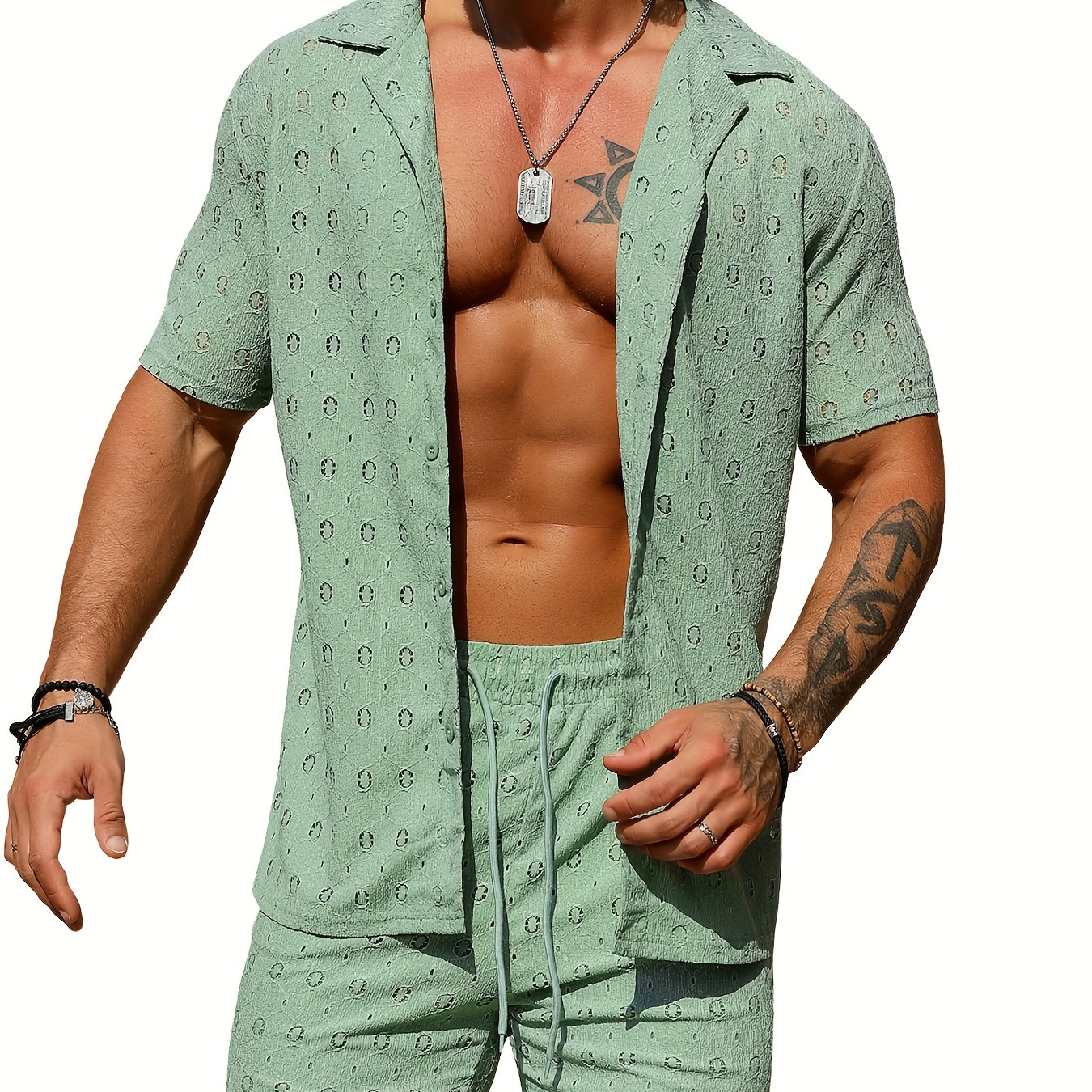 

Urru Men's 2 Pieces Outfits Summer Beach Set See Through Sheer Short Sleeve Flower Lace Shirts And Shorts Sets