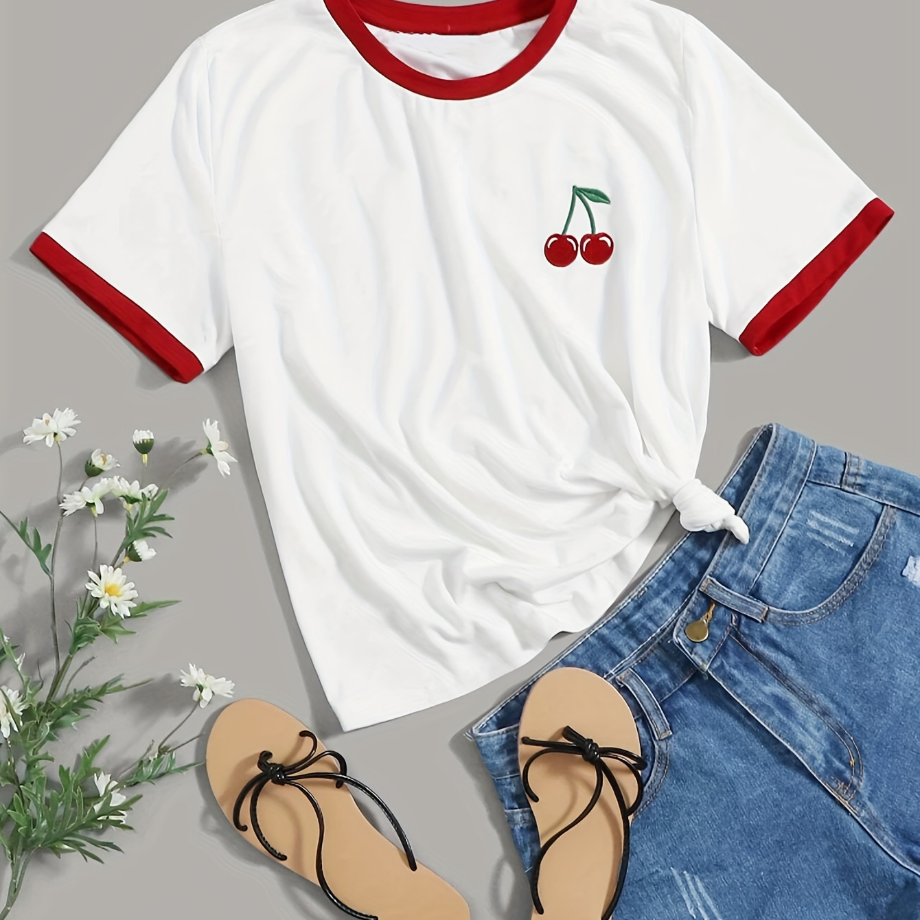

Contrast Trim Crew Neck T-shirt, Casual Short Sleeveless T-shirt For Summer, Women's Clothing