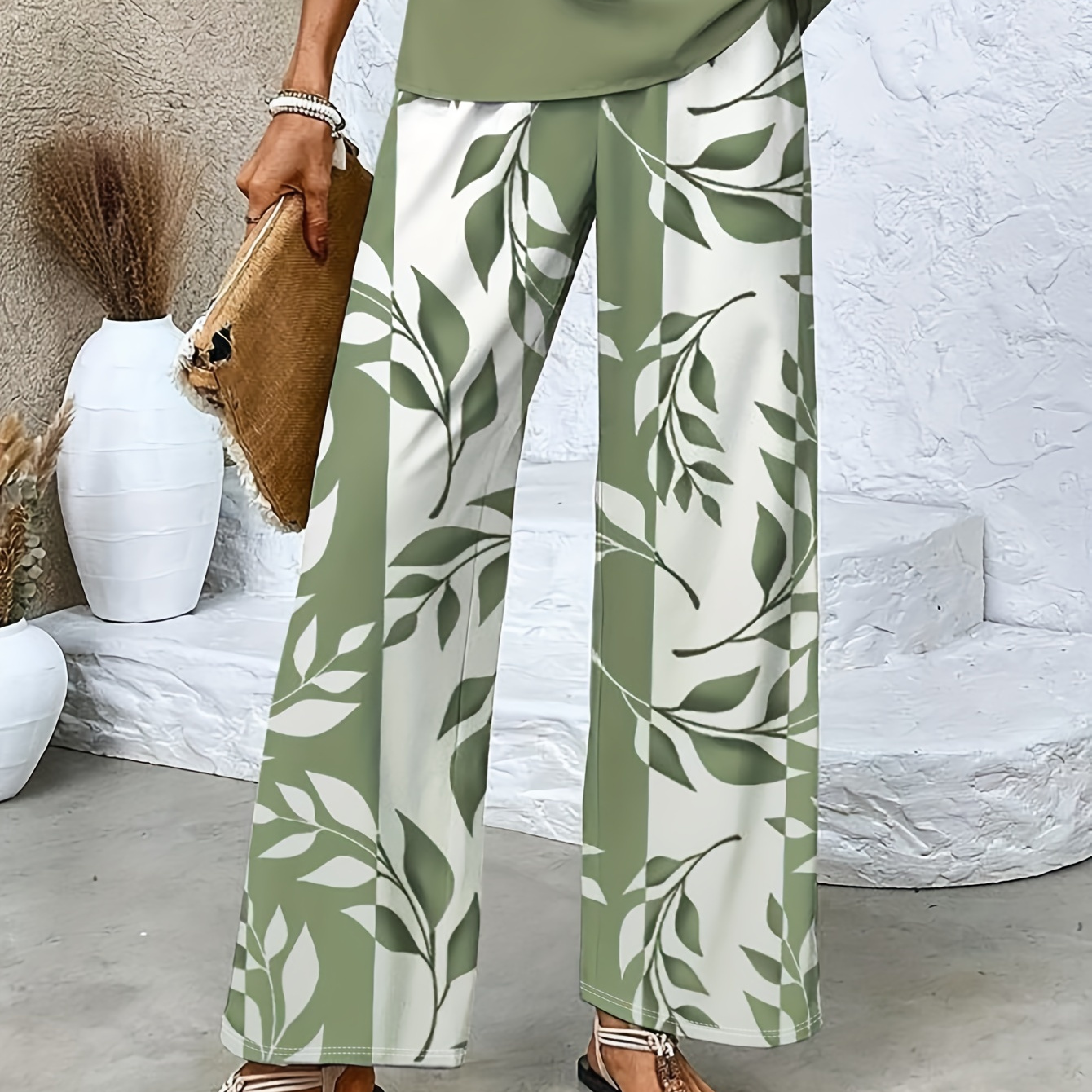 

Women' Floral Pants - Light Green With White Flowers, High-waisted Wide-leg Design, Or Casual Attire, Casual Wear Pants | Floral Print Pants | Machine Washable, Cute Pants