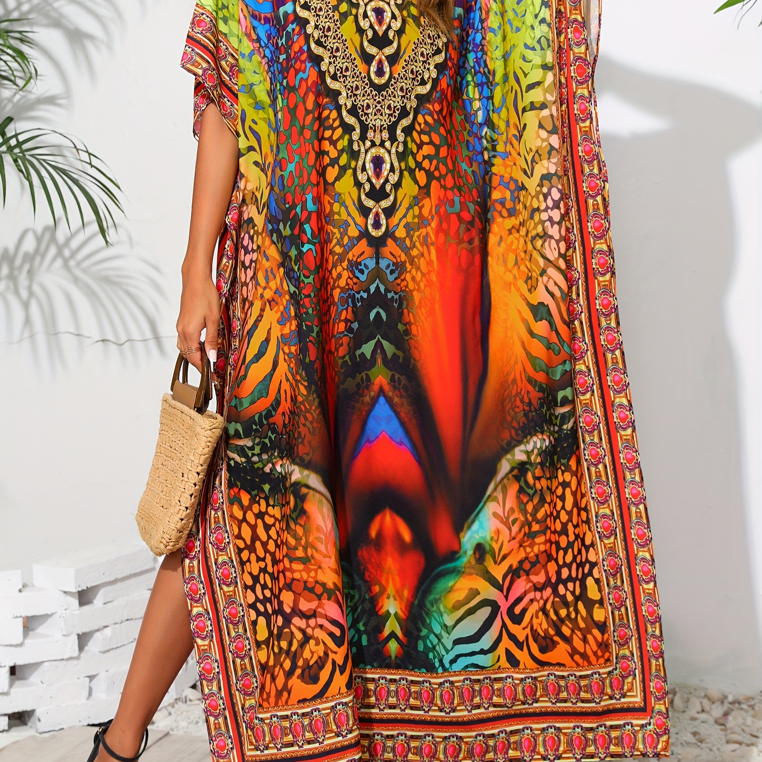 

Size V-neck Kaftan Dress - Gradient Print, Short Sleeve With Side Slit For Women - Beach & Vacation, Beach Dress