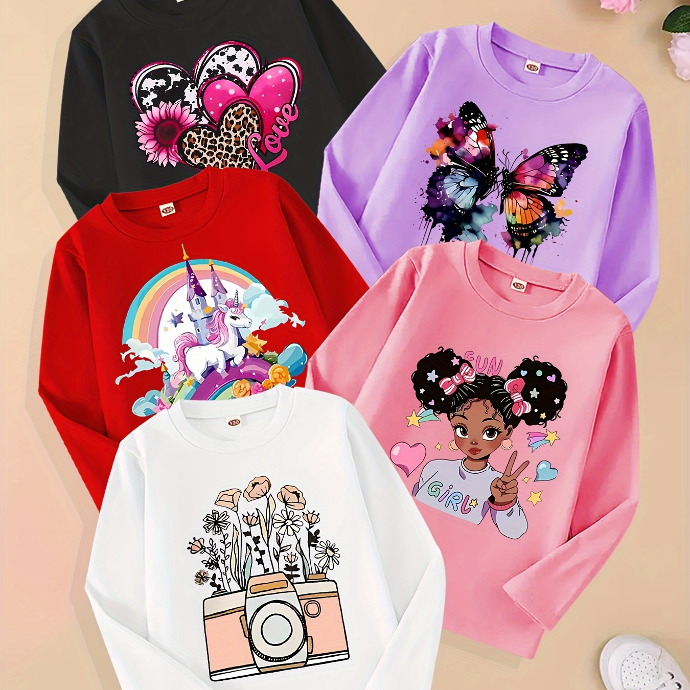 

5pcs Girls' Long Sleeve T-shirts - Cozy & Stylish With Camera, Flowers, Hearts, Butterflies & For Fall/winter