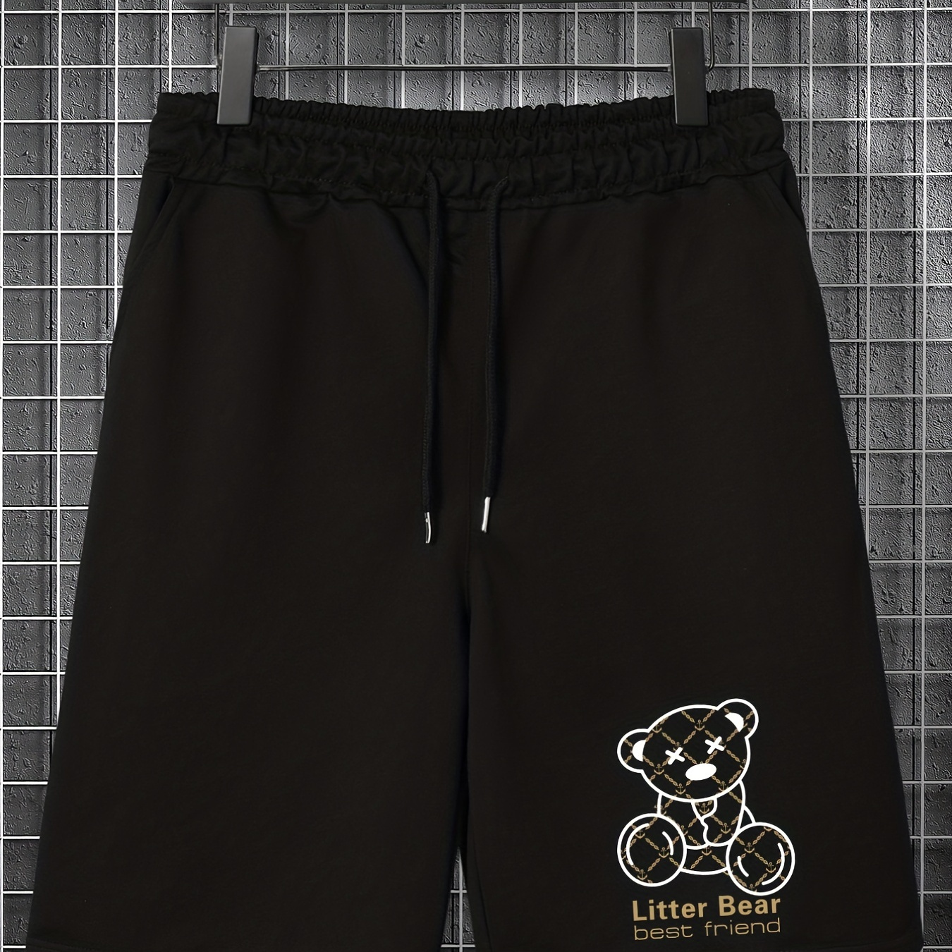 

Cartoon Bear Pattern Letter Print Comfy Shorts, Men's Casual Slightly Stretch Elastic Waist Drawstring Shorts For Summer Basketball Beach Resort