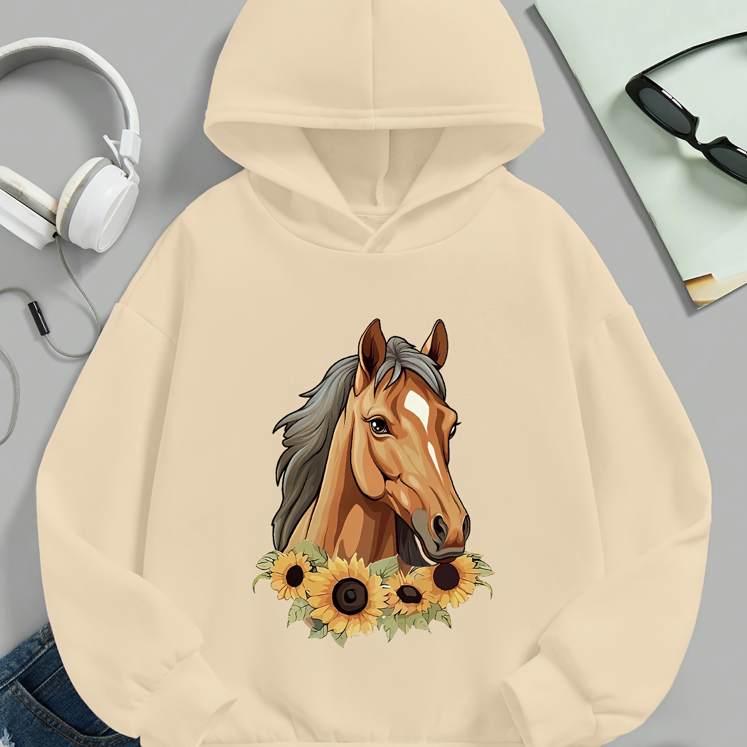 

Horse And Sunflower Graphic Hoodie For Kids - Casual Polyester Hooded Sweatshirt With Hood, Loose Fit, Knit Fabric, Comfort, Embroidered Detail - Autumn/winter Unisex Apparel