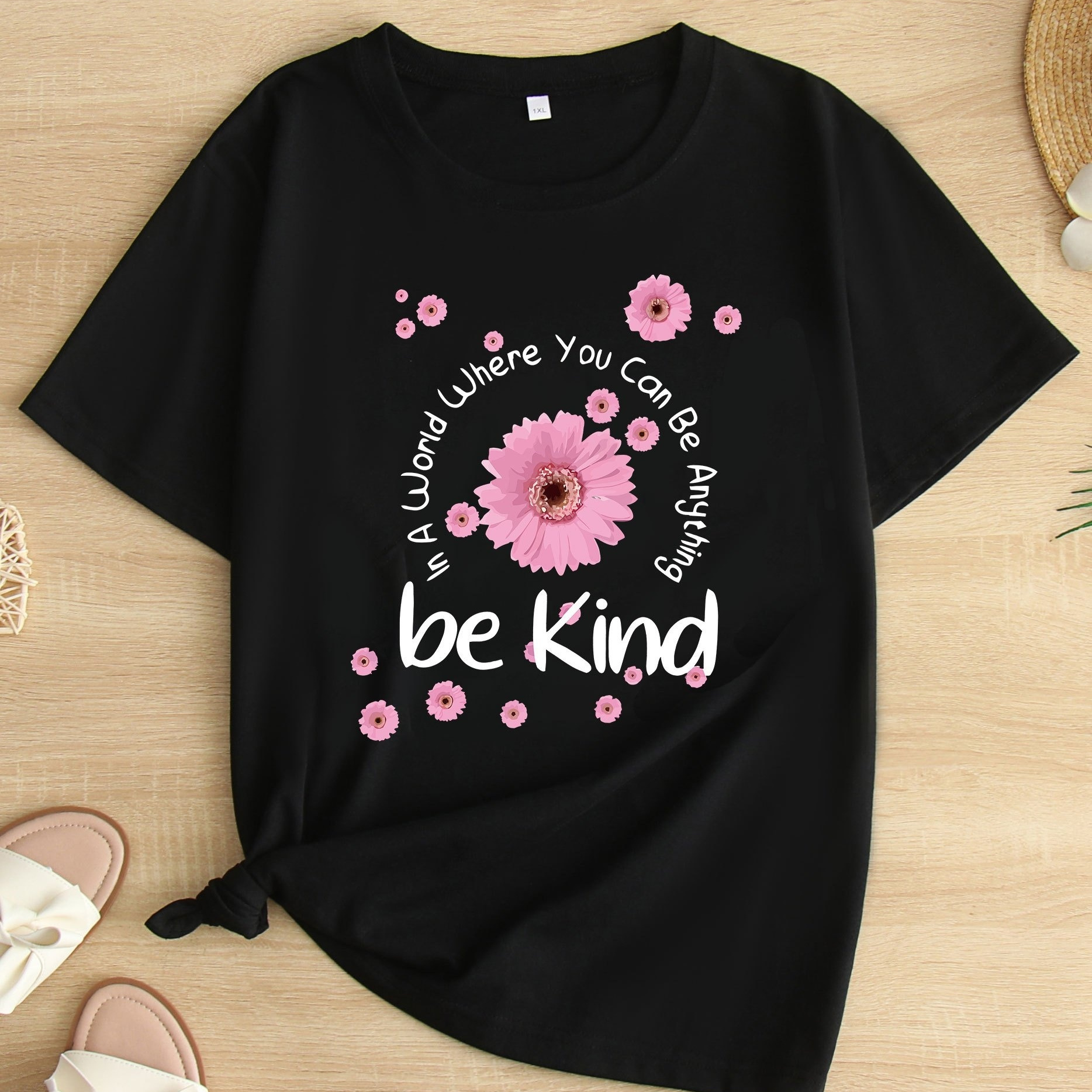 

Plus Size Be Kind Letter Print T-shirt, Casual Short Sleeve Crew Neck Top For Spring & Summer, Women's Plus Size Clothing