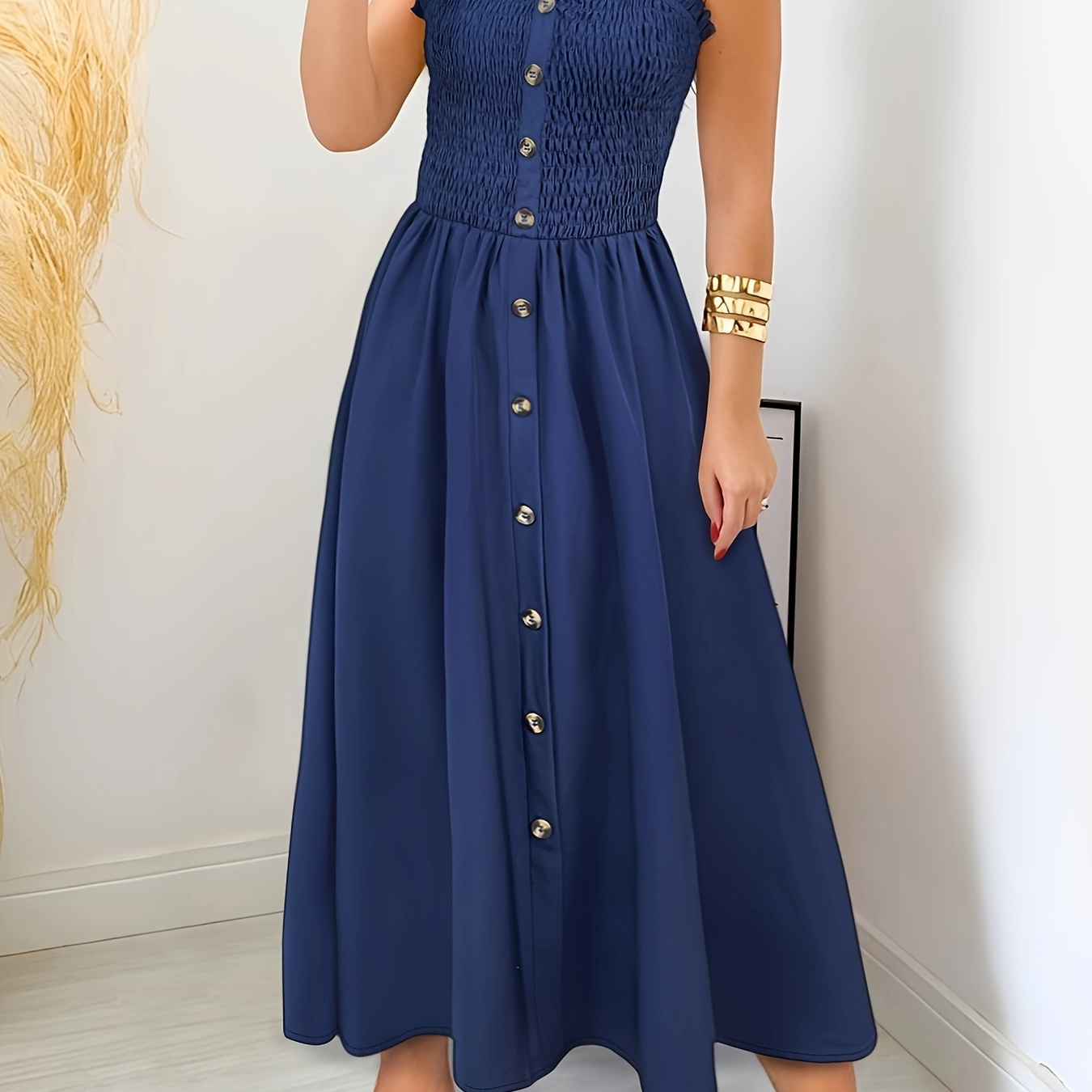 

Robe à buste froncé de couleur unie, robe trapèze à décor de boutons de Style vacances pour le printemps et l'été, vêtements pour femmes