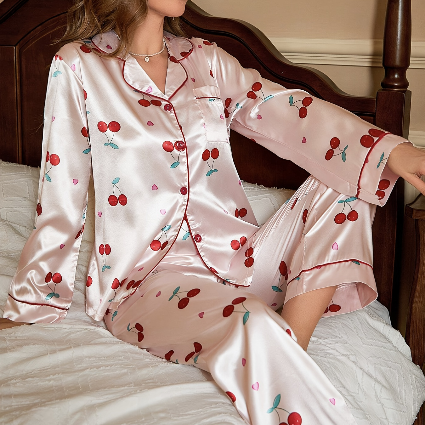 

Women's Cherry Print Sweet Satin Pajama Set, Long Sleeve Buttons Lapel Top & Pants, Comfortable Relaxed Fit For Fall