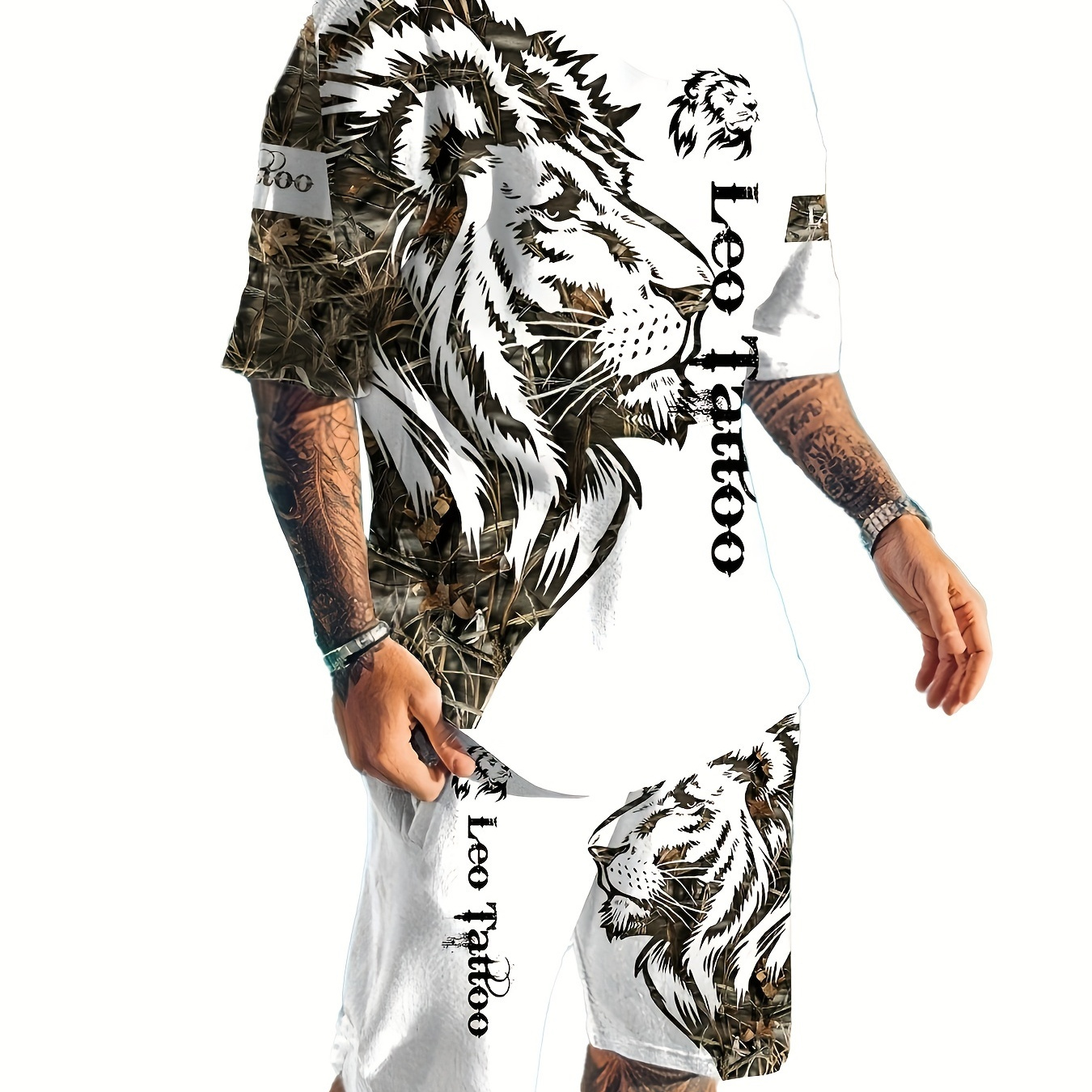 

Men's Novelty Casual Comfy Tees & Shorts, Creative Lion Graphic Print Crew Neck Short Sleeve T-shirt & Loose Shorts With Drawstrings Pockets Home Pajamas Sets, Casual Sets For Summer