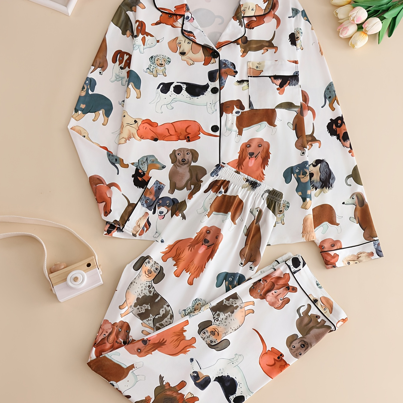 

Print Women's Pajama Set With Cute Dog - Comfy Long Sleeve Button- & Loose-fit Pants, Breathable Polyester , Machine Washable