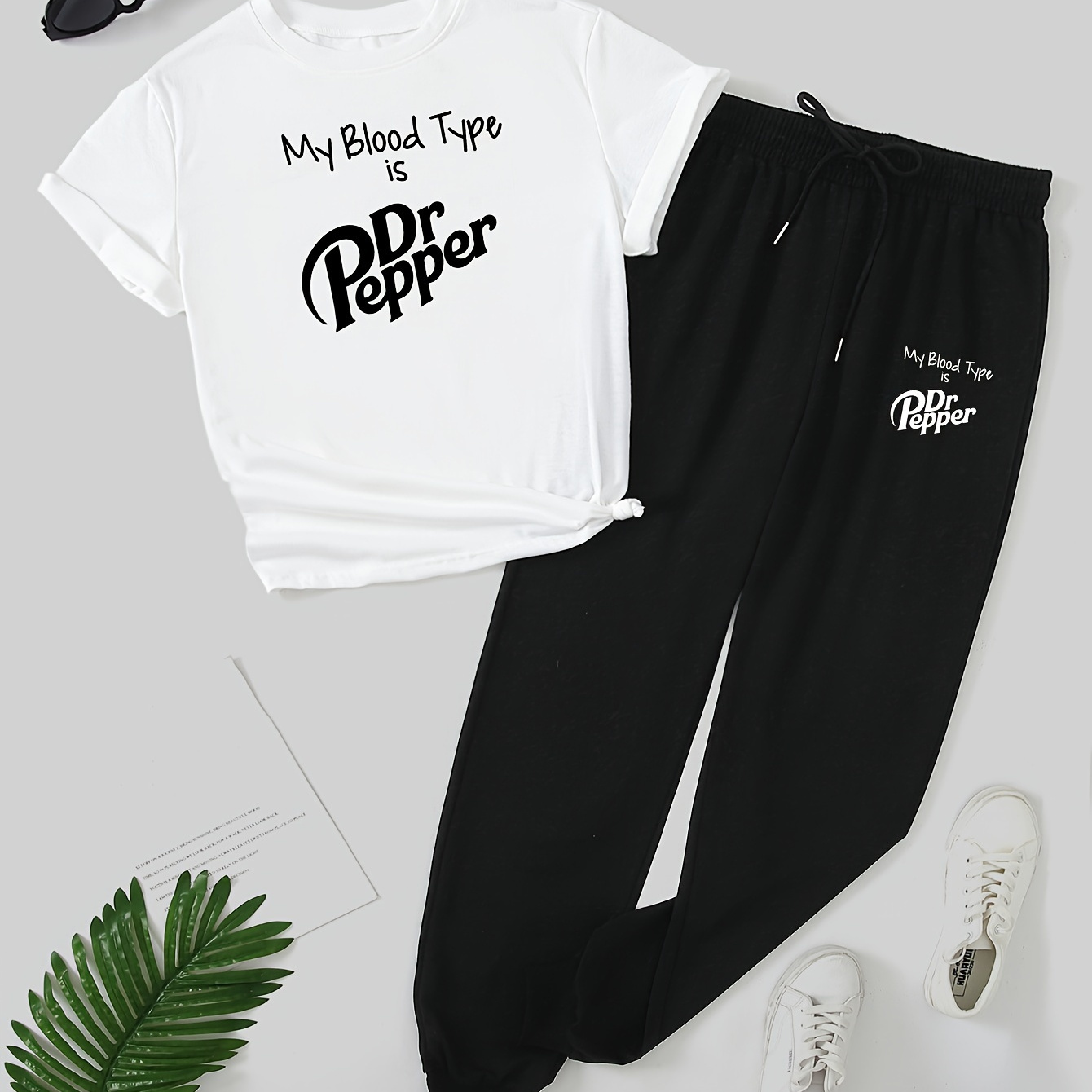 

My Blood Type Is High Grade Clean Letter Printing, Women's Casual Loose Sports Short Sleeve T-shirt Top And Long Pants Set, Trendy And Fashionable Sports 2-pieces Set