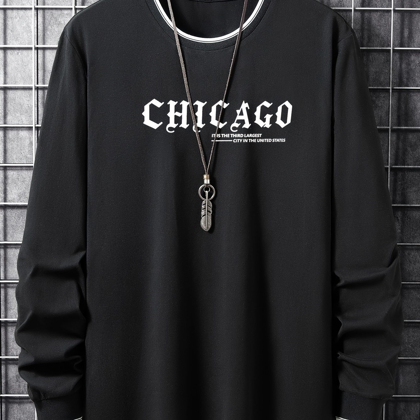 

Chicago Print Men's Street Daily Long Sleeve High Stretch T-shirt, Spring Fall Outdoor, Men's Clothing