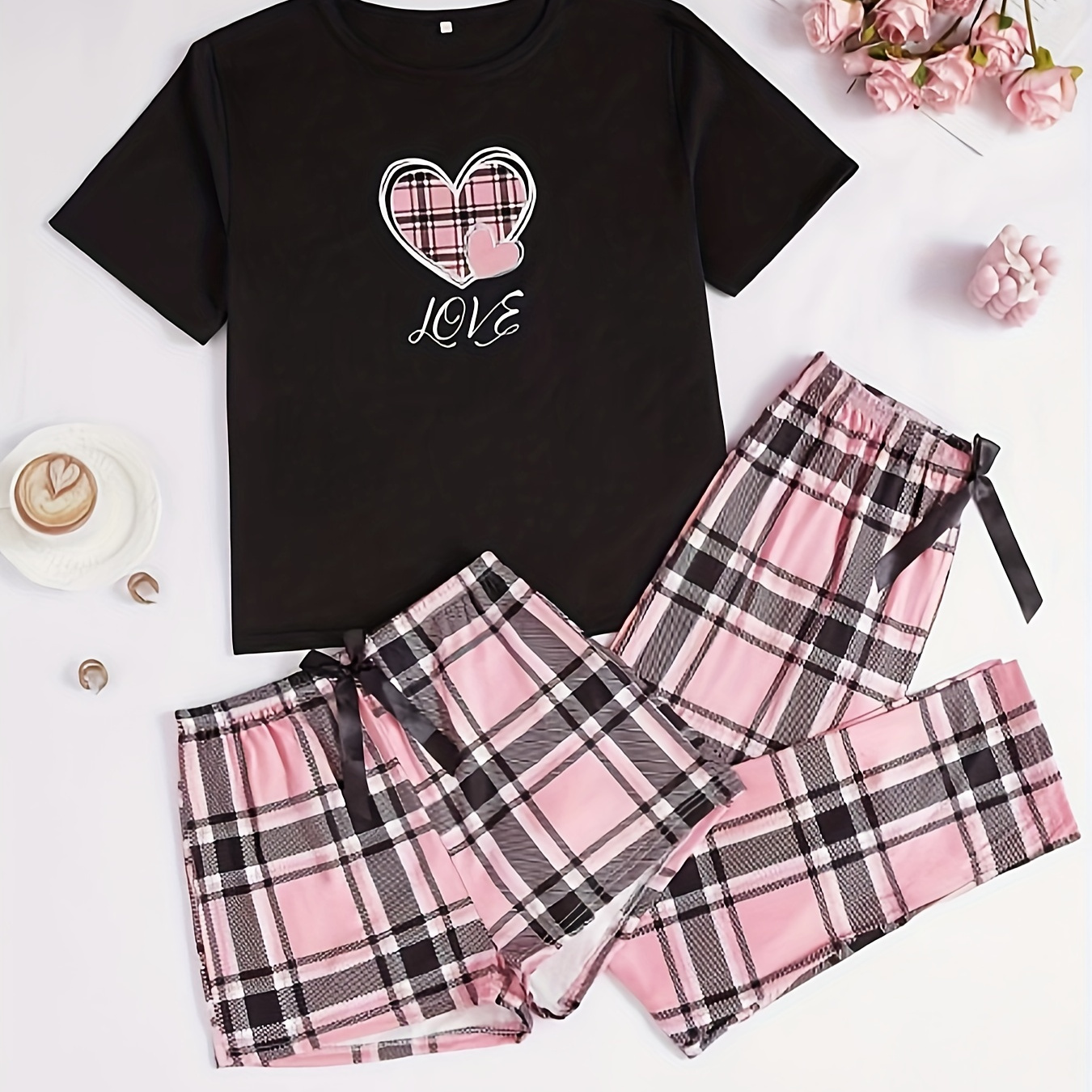 

3 pièces Ensemble de pyjama femme casual rose à carreaux avec col rond et motif à carreaux pour adultes en polyester