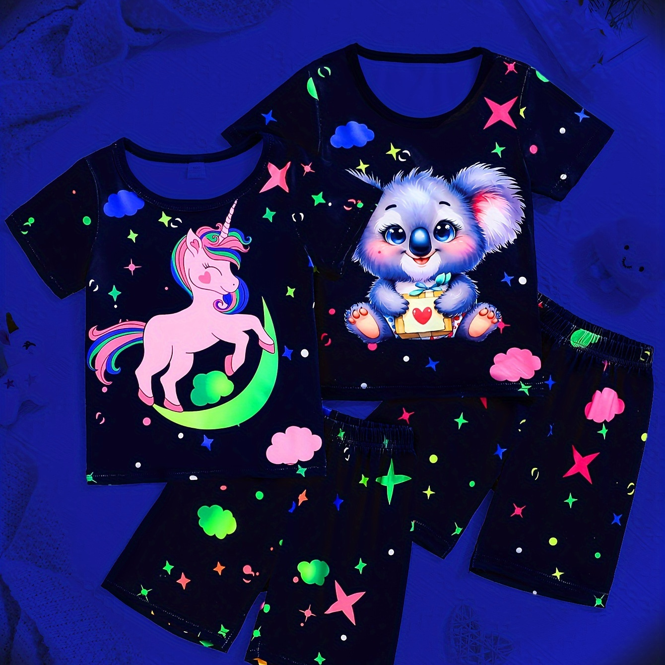 

A Set Of 2 Pcs Little Girls Pajama Sets, Short Tshirt & Shorts For Little Girls, Featuring Fluorescent Cartoon Printed , Koala Round Neck Short Sleeve And Comfortable Casual Shorts.