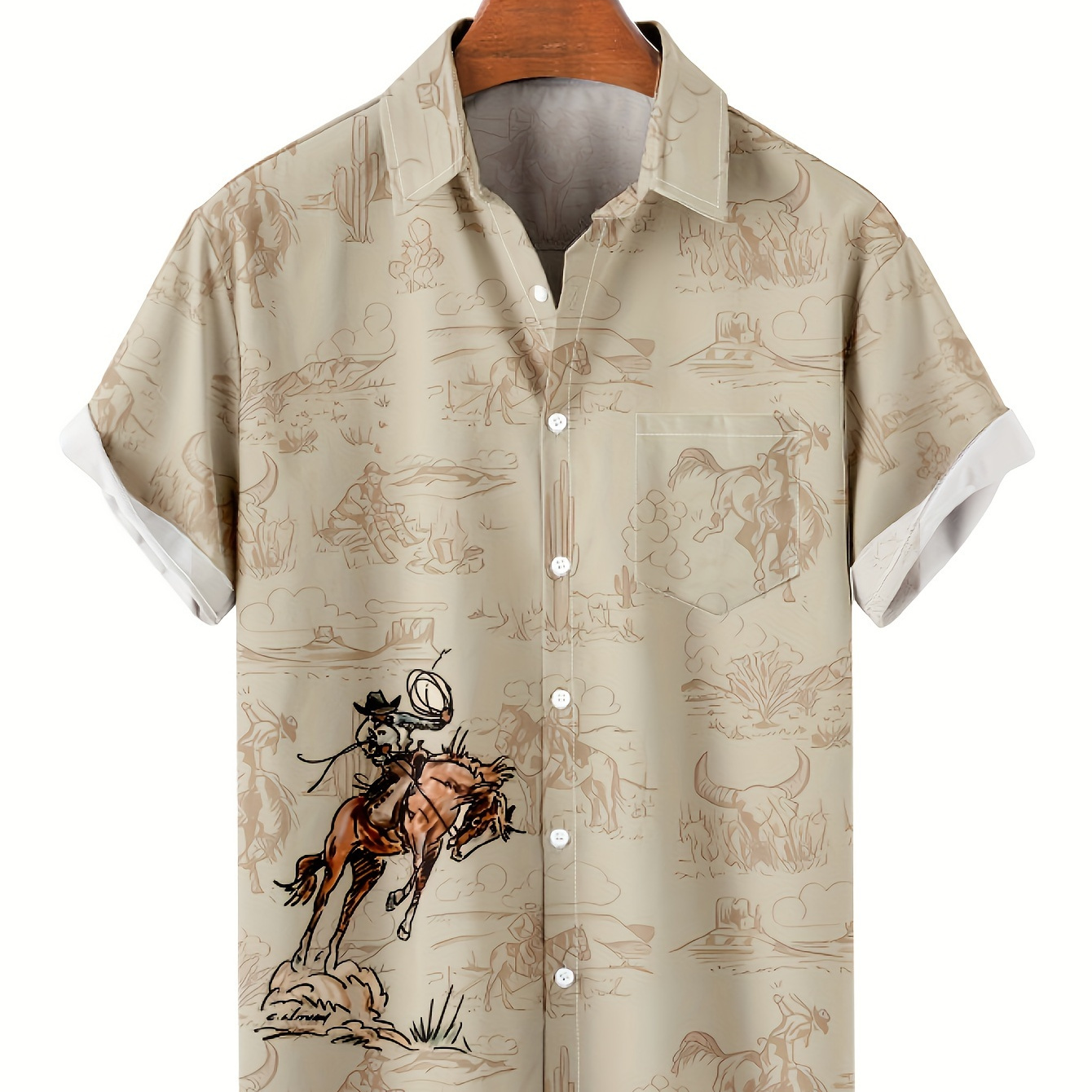 

3d Full Print Imitation Embroidery Western Denim Laid-back Pocket Button Short Sleeve Woven Shirt