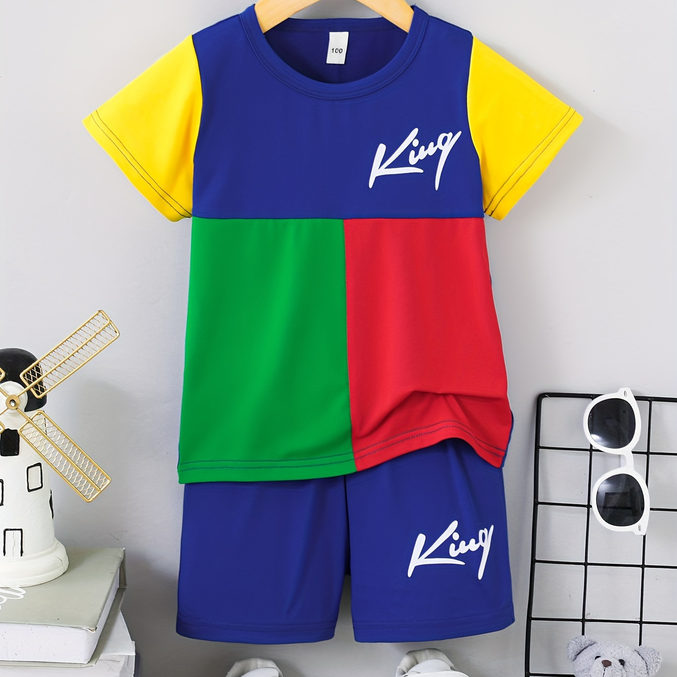 TEMU 2pcs Boys Casual Colorblock King Letter Graphic Print Short Sleeve T-shirt & Shorts Set, Comfy Summer Boys Clothes