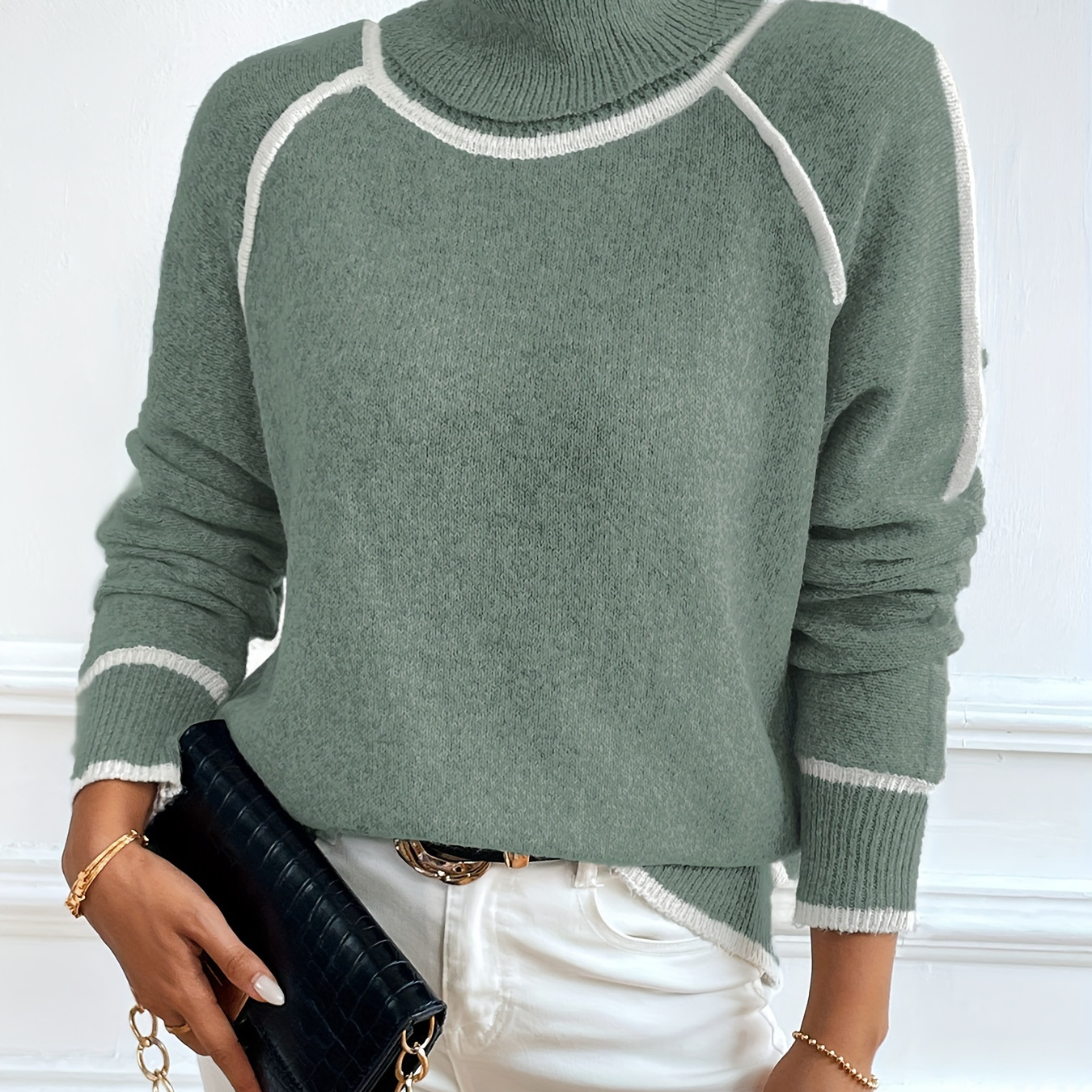 

Trim Sweater, Casual Long Sleeve Sweater For Fall & Winter, Women's Clothing