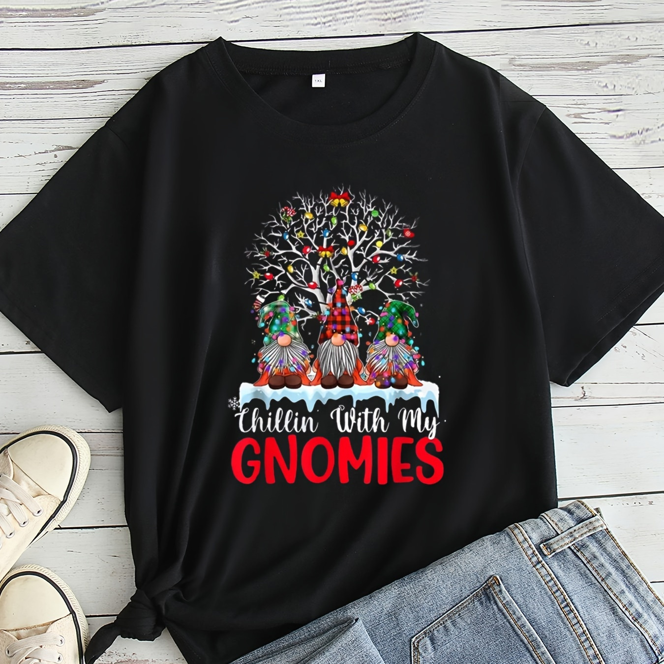 

Plus Size Christmas T-shirt For Women, Casual Crew Neck Short Sleeve Tee, Festive Gnomes Print, Polyester Knit Fabric With Slight Stretch, For Sizes 1-8xl