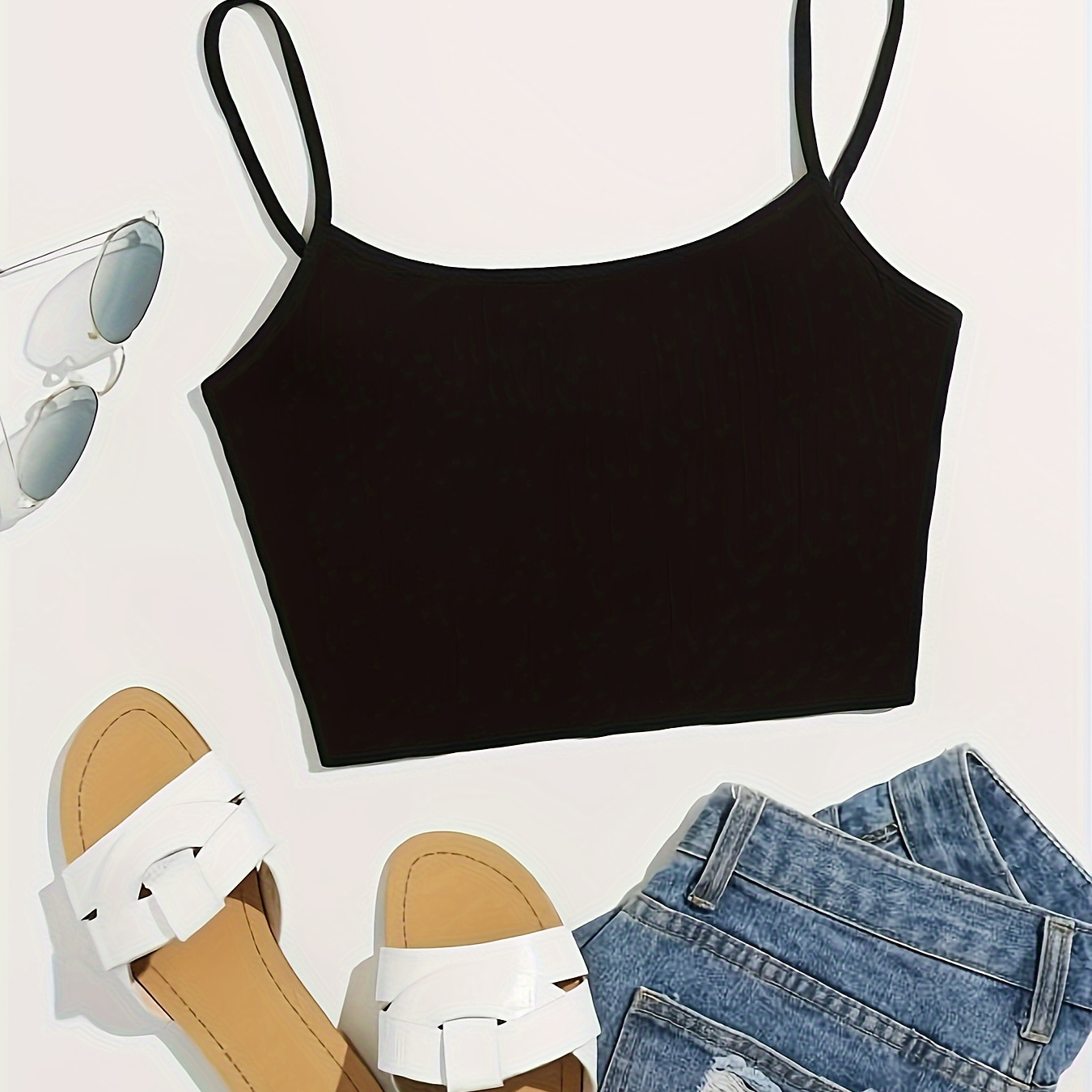 

Solid Color Crop Cami Top, Versatile Spaghetti Strap Top For Summer, Women's Clothing