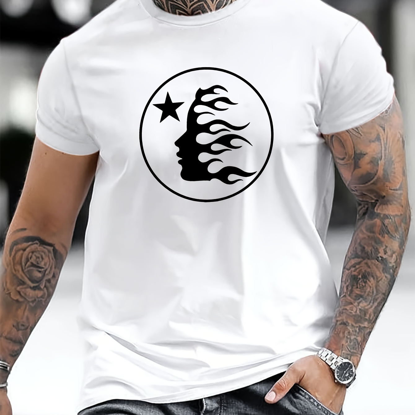 

Men's Creative Graphic Crew Neck T-shirt With Stylish Print, Comfy Tee For Summer, Men's Short Sleeve Top For Daily Activities