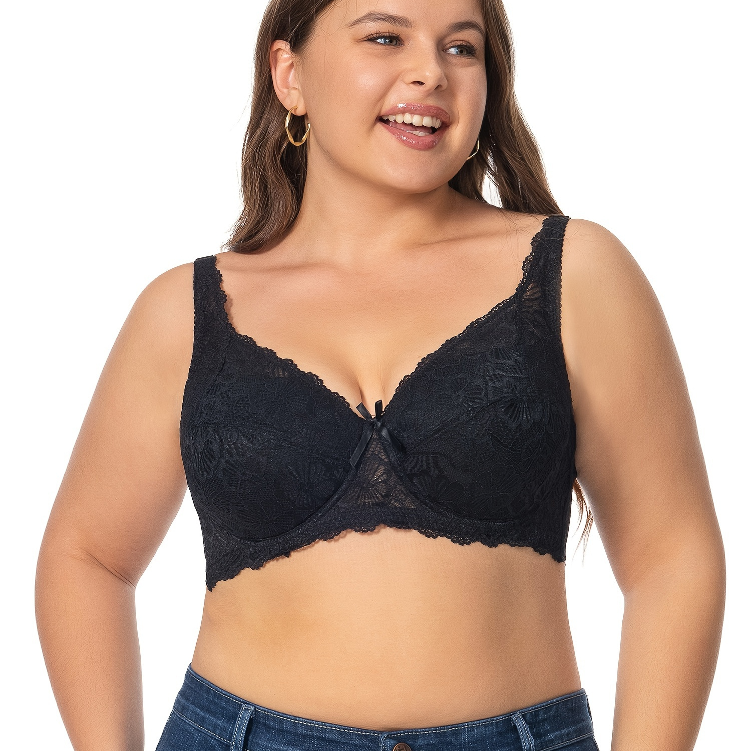 Plus Size Contrast Lace Solid Push Bra Women's Plus Medium - Temu