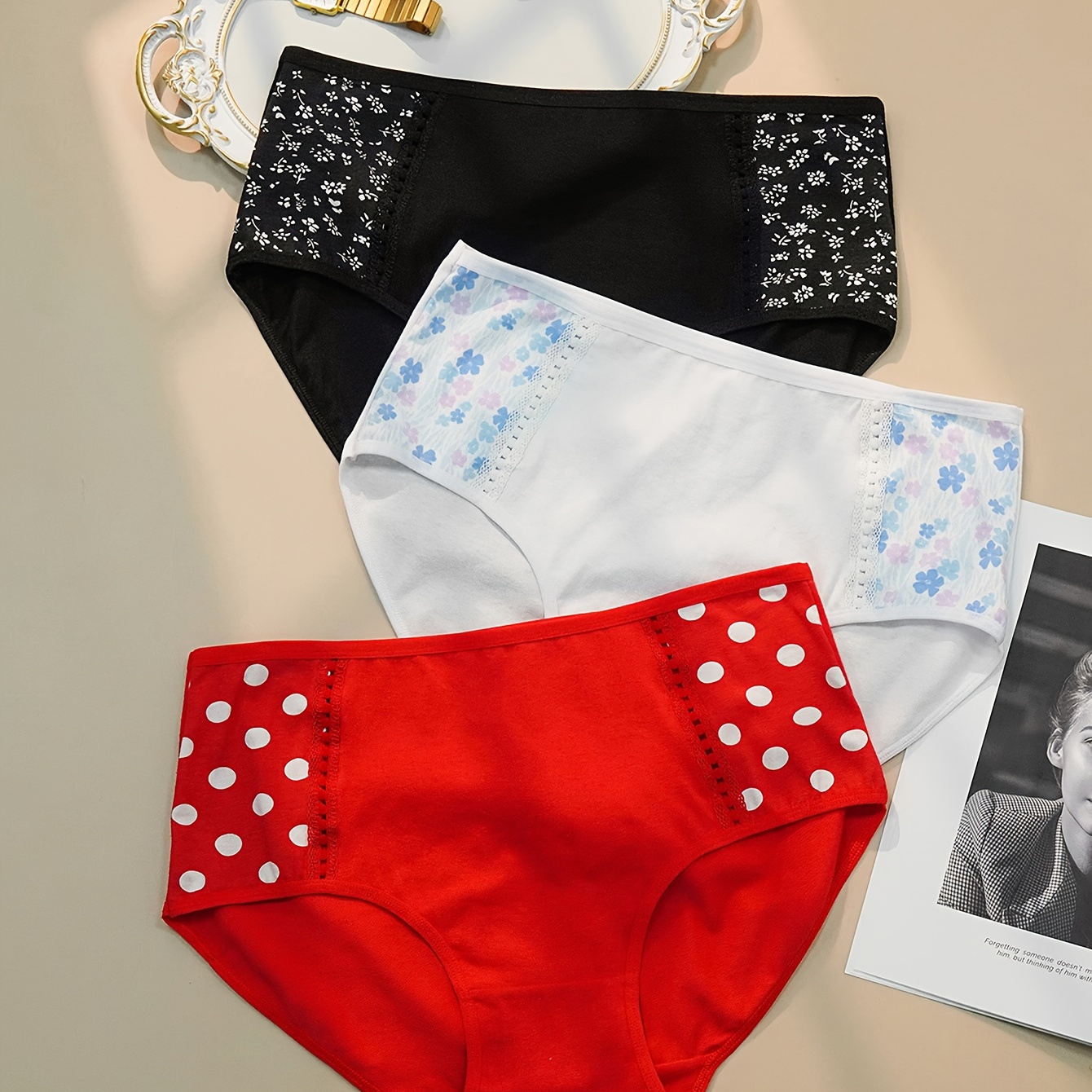 

3pcs Women's Elegant Panties Set, Plus Size Polka Dot & Ditsy Floral Print High Rise Comfy & Breathable Stretchy Briefs