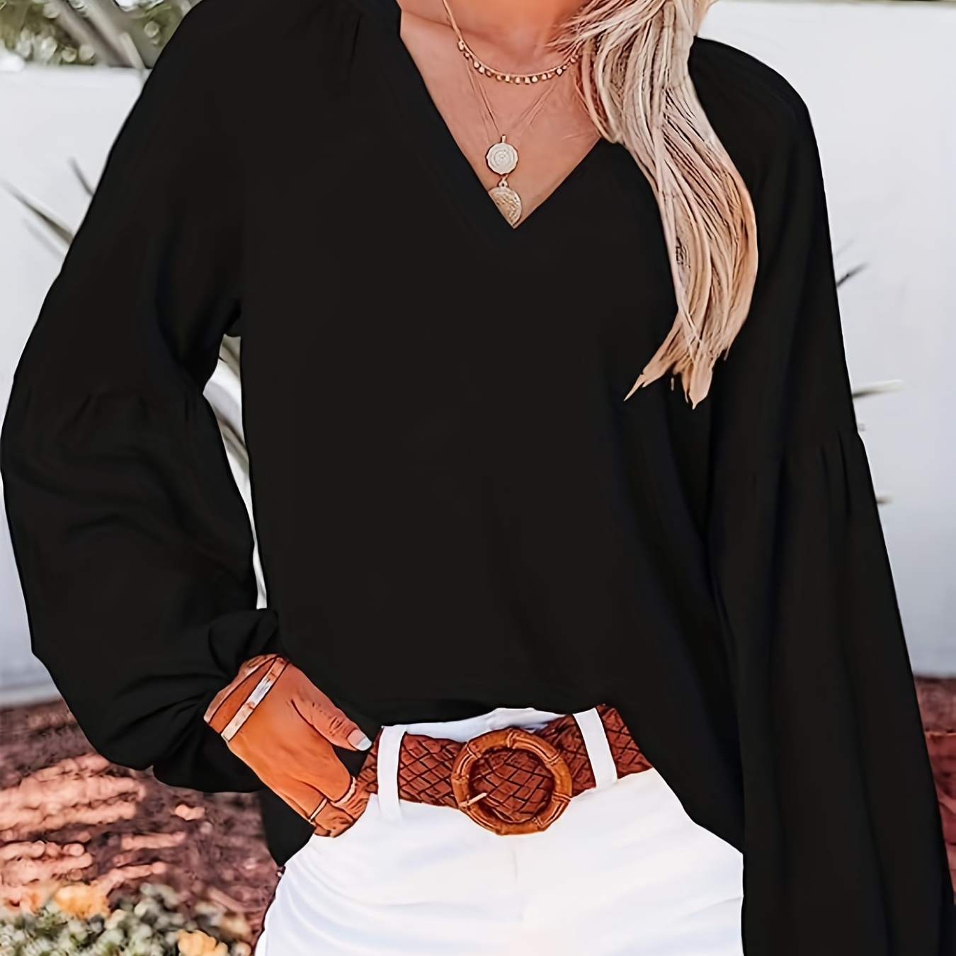 

Solid Simple Blouse, Casual V Neck Lantern Long Sleeve Blouse, Women's Clothing