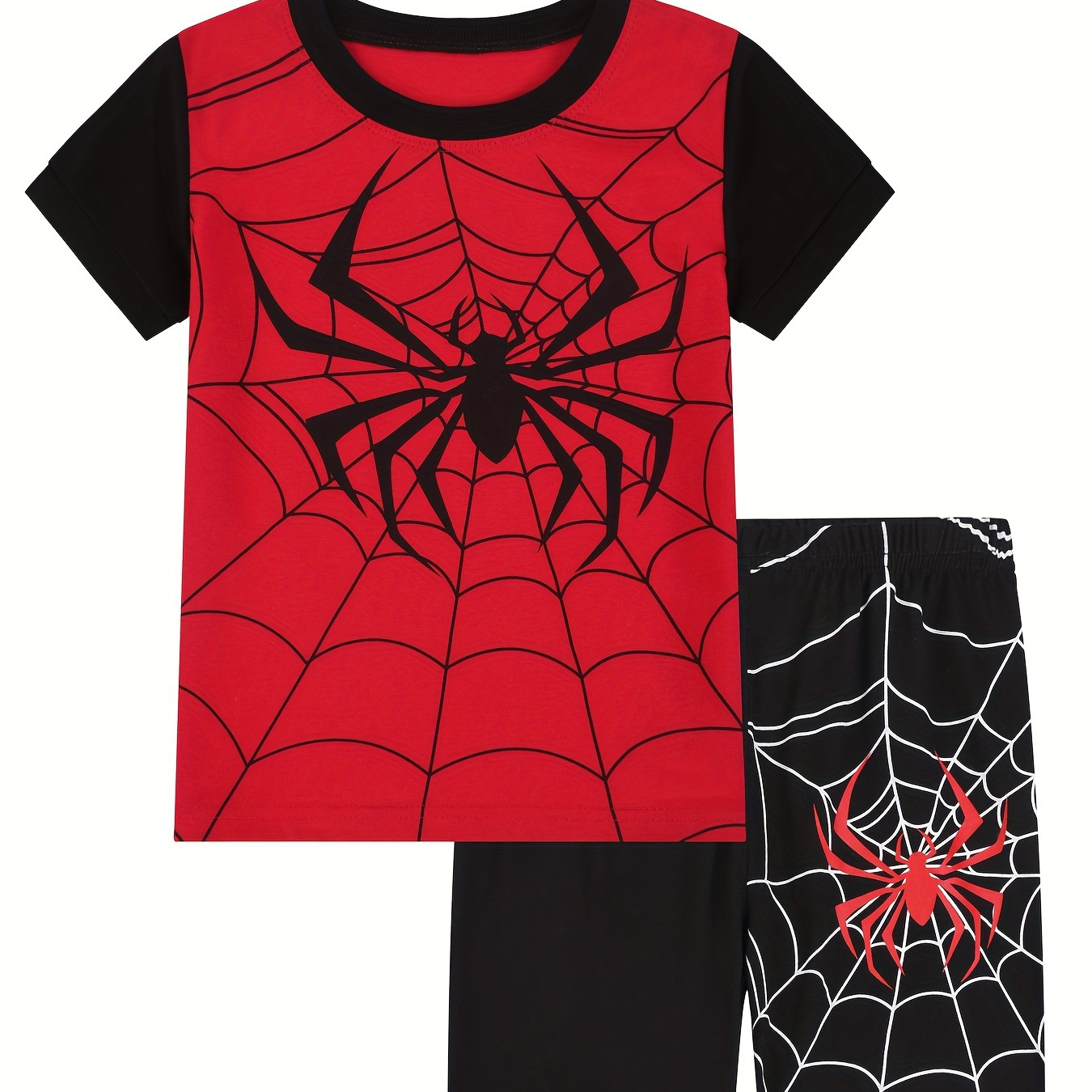 

Boys 2-piece Pajama Set Awesome Spider Print Crew Neck Colorblock Short Sleeve T-shirt + Matching Shorts Comfy Loungewear