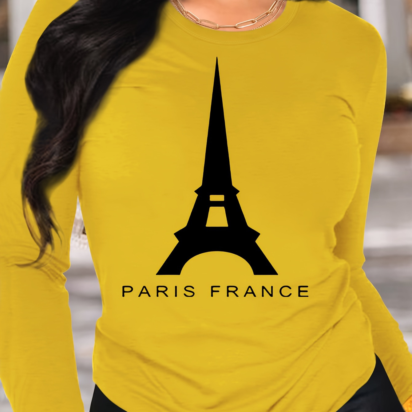 

Paris Tower Print T-shirt, Long Sleeve Crew Neck Casual Top For Spring & Fall, Women's Clothing