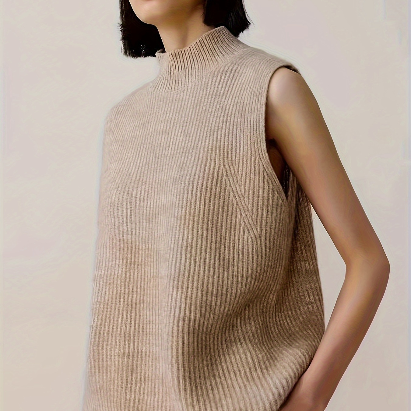 

Minimalist Chic| Elegant Ribbed Knit Sweater Vest - Casual High Neck, Sleeveless, Polyester Tank Top For Women, Fall/winter