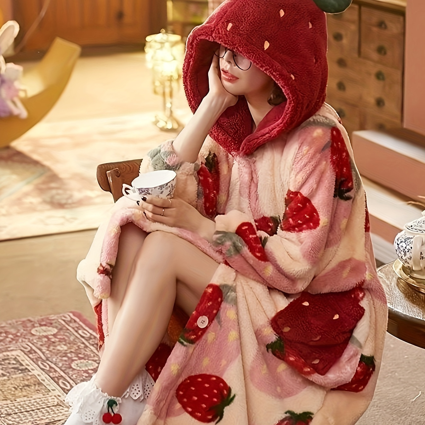 

Women's Comfy Strawberry Print Coral Velvet Bathrobe - Warm Pajamas With Bathrobe With Cap, Christmas, Birthday, Day, Valentine's Day - Machine Washable