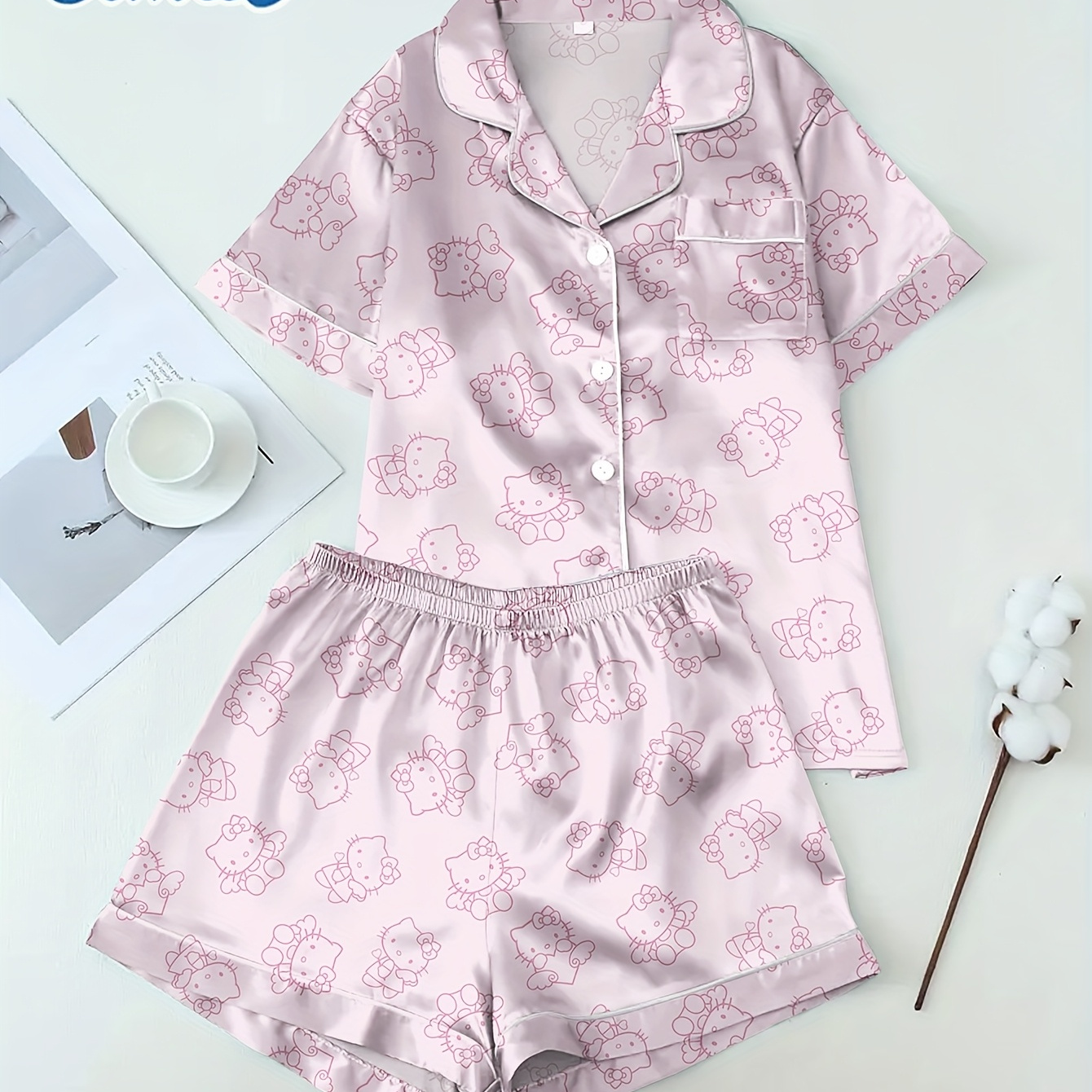 

Hello Kitty Sanrio Pajama Shorts With Short Sleeves And Buttons Satin Pajama Set