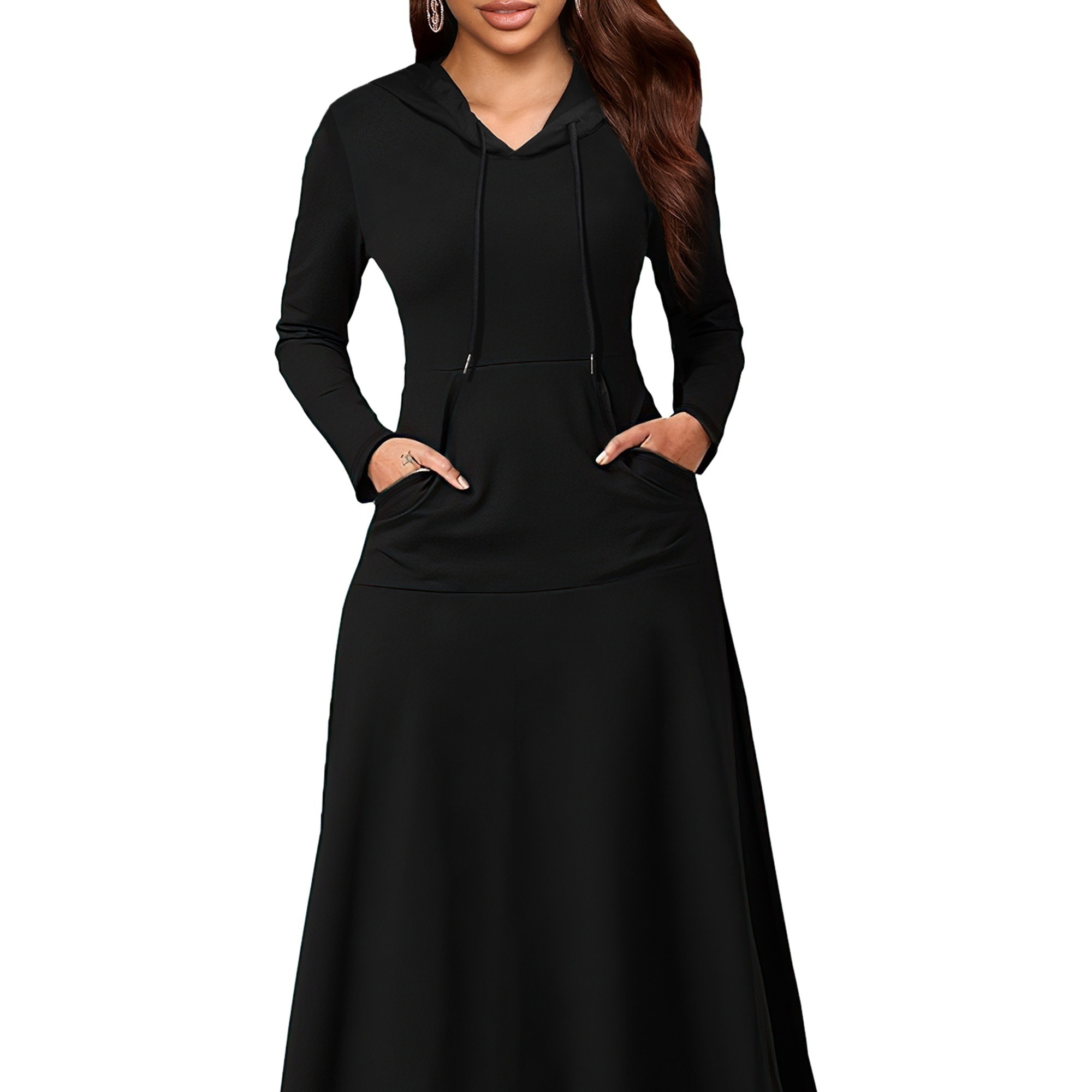 

Elegant Women's Long Sleeve Hooded Dress With Pockets - Casual Maxi, Stretchy Polyester, V-neck, Machine Washable